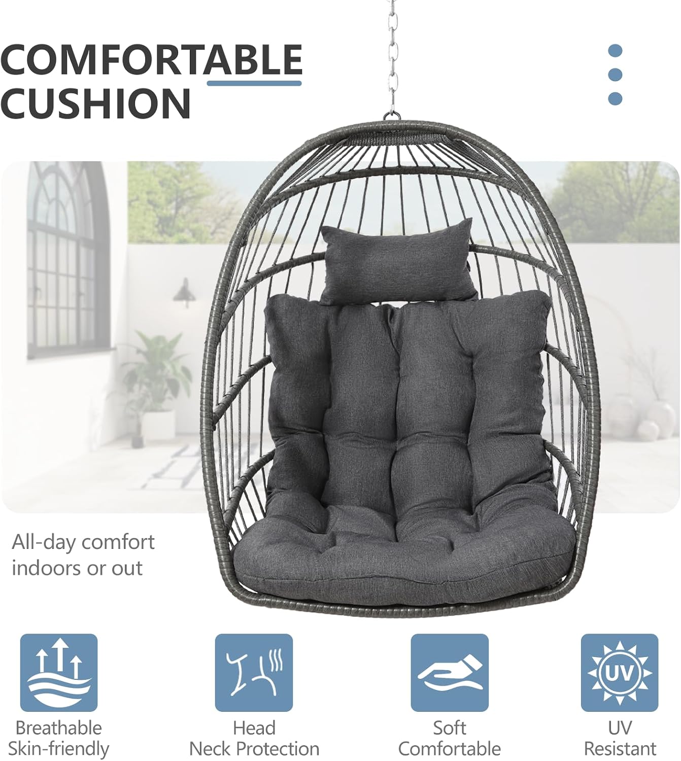 Thumbnail 6 de SWITTE Egg Chair Outdoor Wicker Swing Chair with Stand, Dark Grey