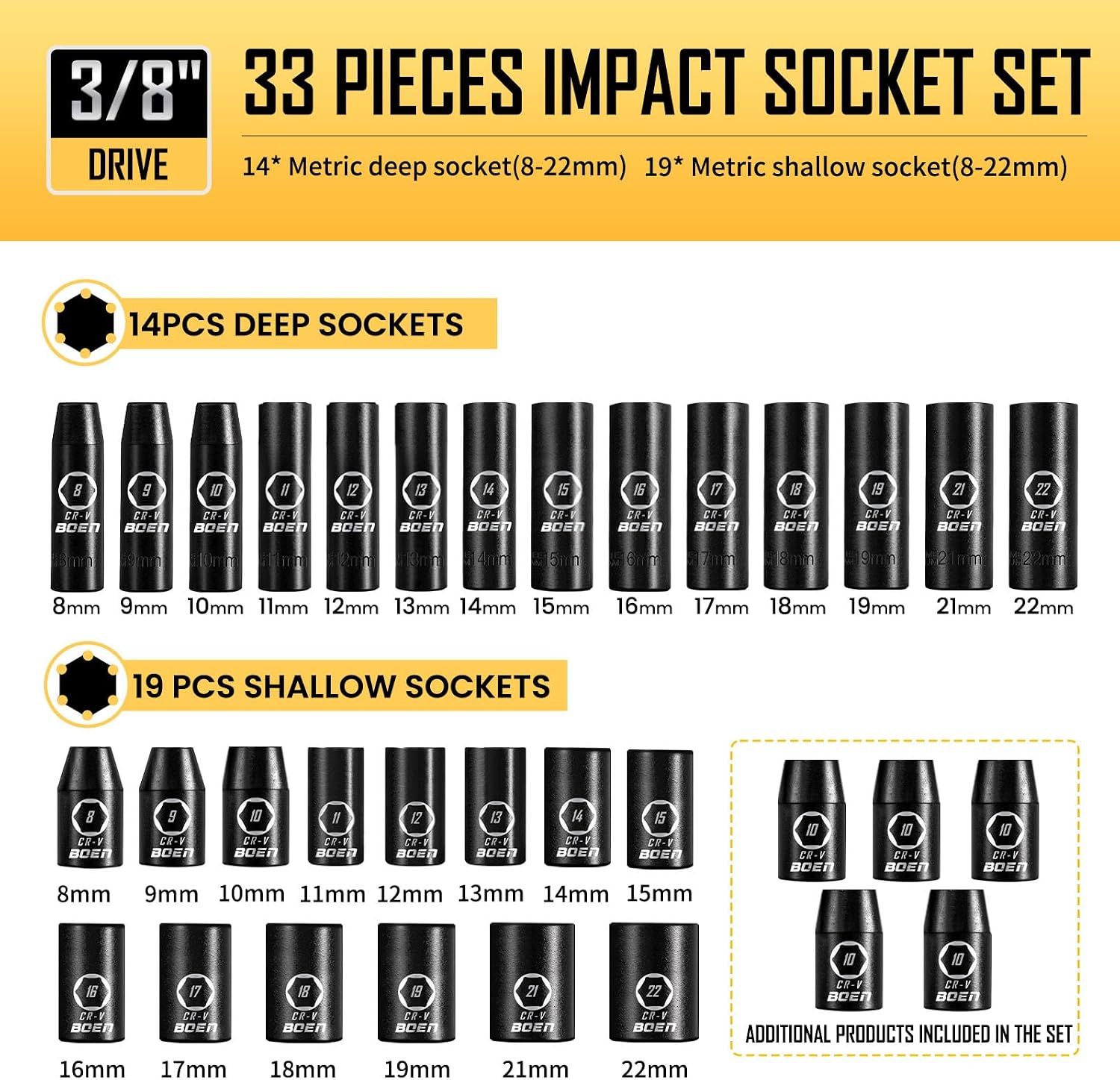 Detalle 2 de boen BN33257X 3/8-Inch Drive Impact Socket Set, 57-Piece SAE and Metric