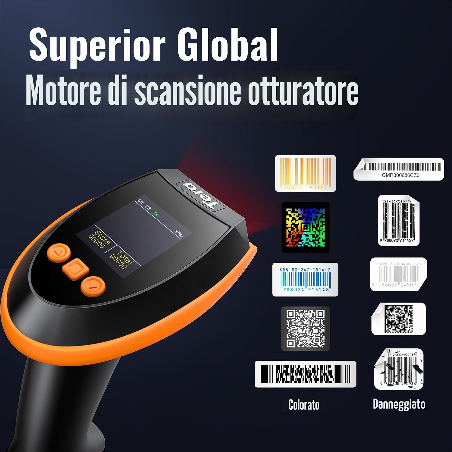 Detalle de Tera Barcode Scanner 2D HW0009: lettore wireless con display, 3 tasti e base di ricarica