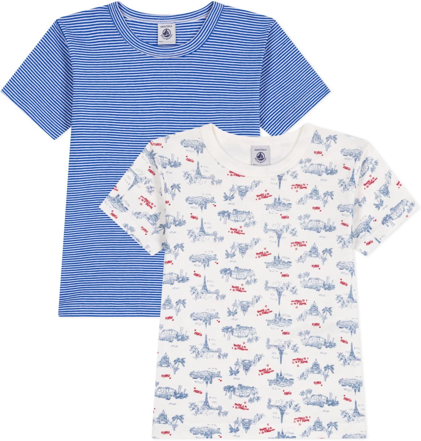 Detalle de Petit Bateau lot de 2 t-shirts manches courtes garçon : marinière bleue et imprimé Paris