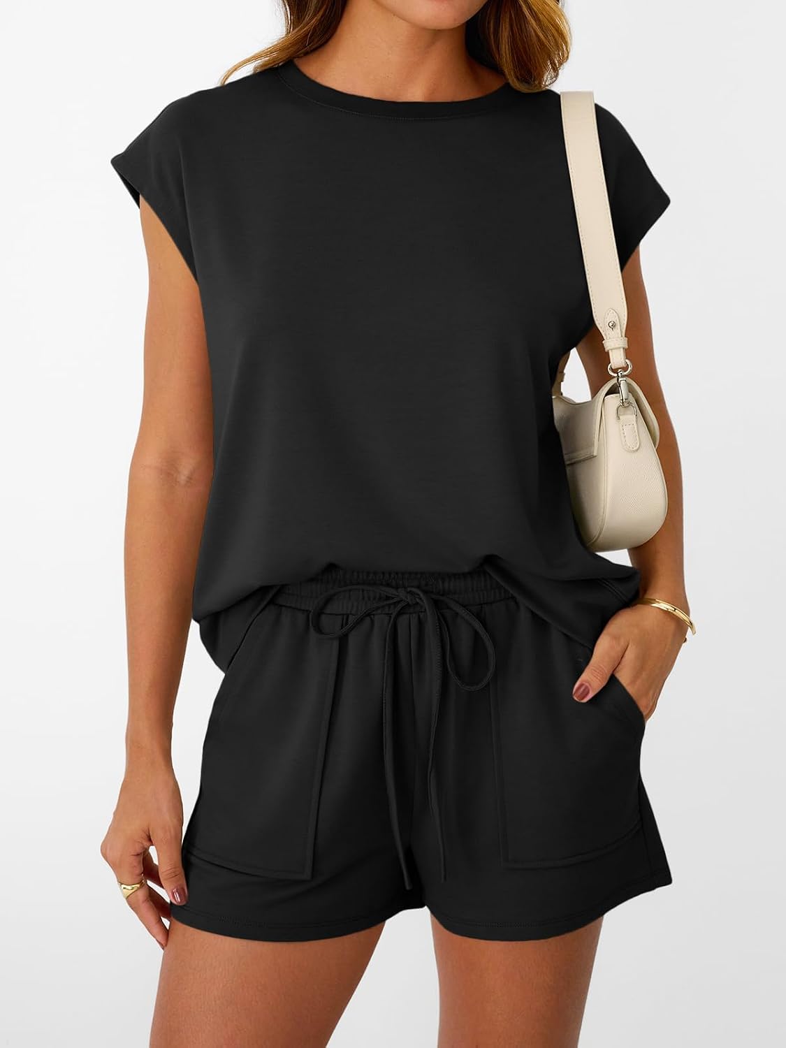 Detalle 2 de Crew Neck Cap Sleeve Set with Drawstring