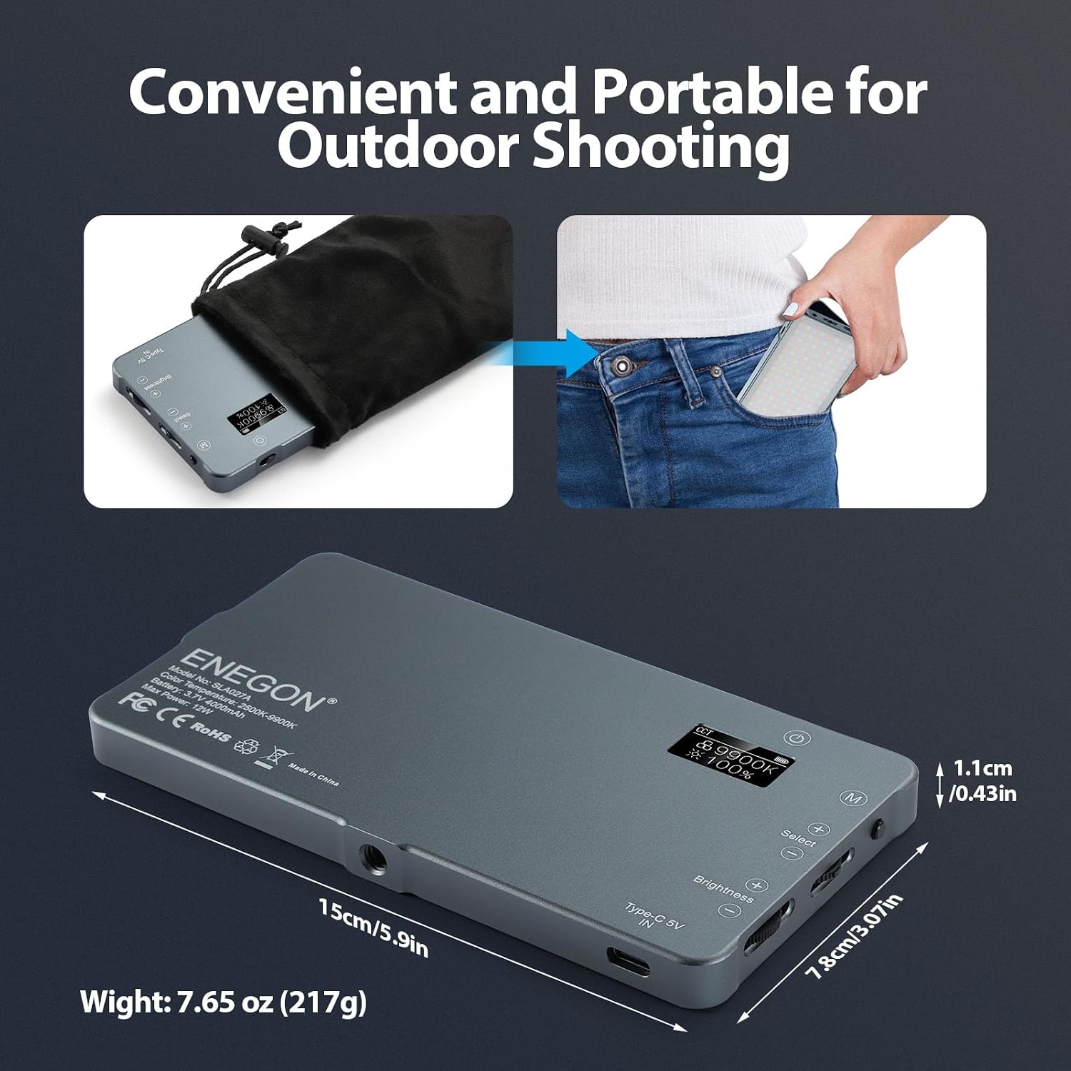 Thumbnail 5 de ENEGON LED Video Light Panel (2500K–9900K, CRI96+, 4000mAh) for portable photography and live streaming