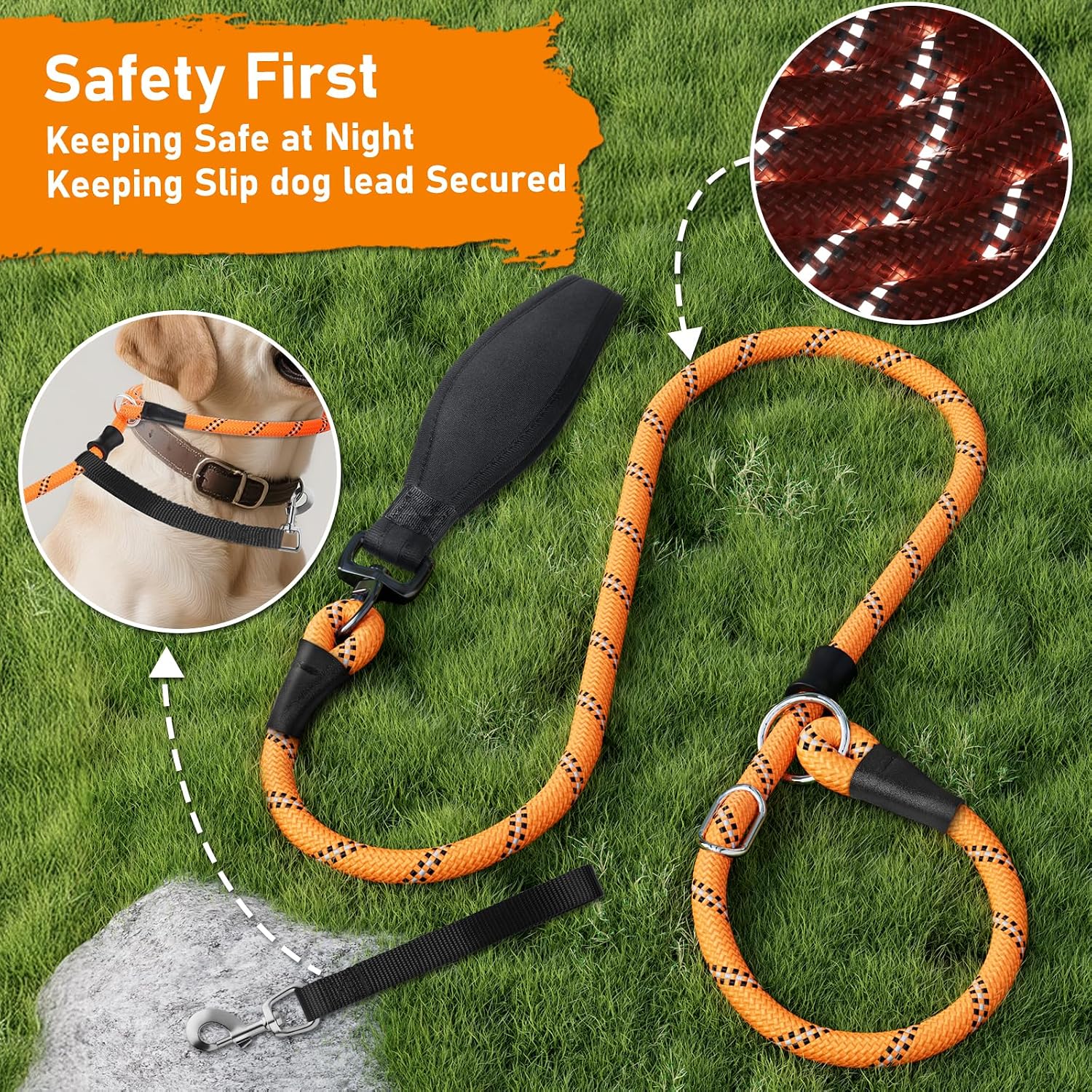 Detalle 2 de Kdsvakd Slip Lead for Dogs with Double Handles – No Pull Training Leash (13mm, 1.8m), Orange