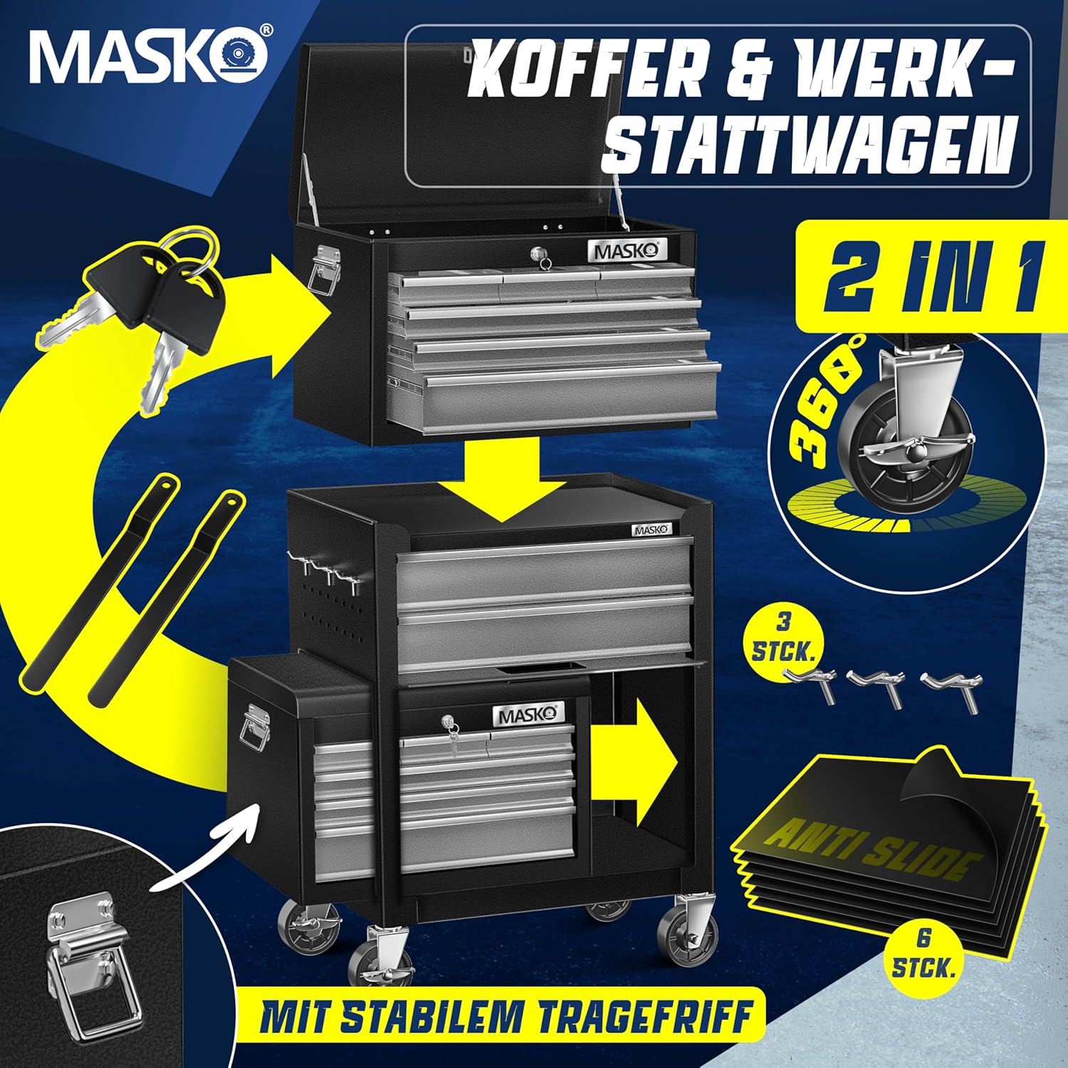 Thumbnail 6 de MASKO Werkstattwagen inkl. Koffer mit 9 Fächern, abschließbar – mobiler Werkzeugwagen aus massivem Metall (Schwarz/Grau)