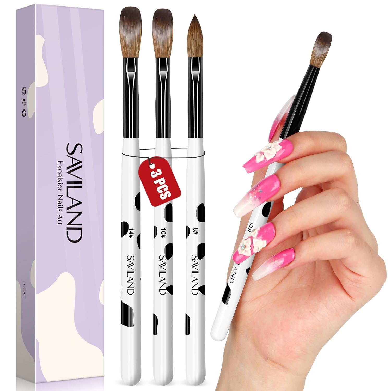 Detalle de SAVILAND Acrylic Nail Brush Set, Sizes 8/10/14