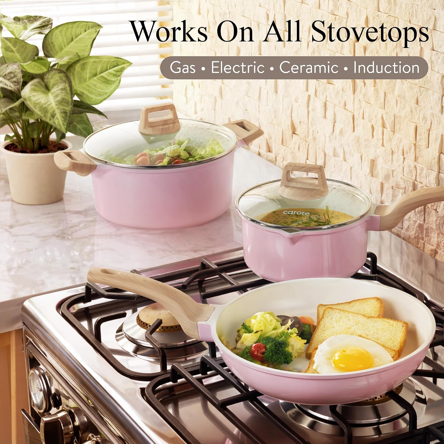 Detalle 2 de CAROTE Ceramic Cookware Set, 14 PCS Pink Nonstick Pots and Pans — Induction Ready & PFOS/PFOA Free