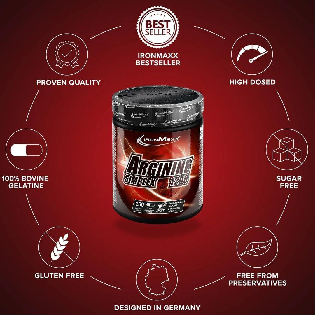 Detalle de IronMaxx Arginine Simplex 1200-260 Kapseln – Hochdosierte L-Arginin Ergänzung für Sportler
