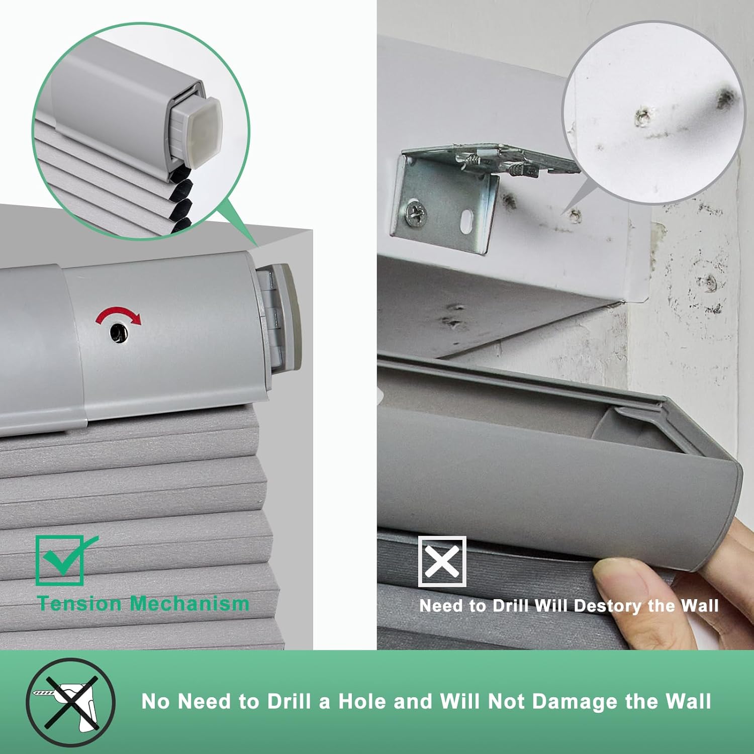 Thumbnail 2 de Tonature No Drill Cellular Shades for Indoor Windows, 28 1/2" W x 80" H, Grey