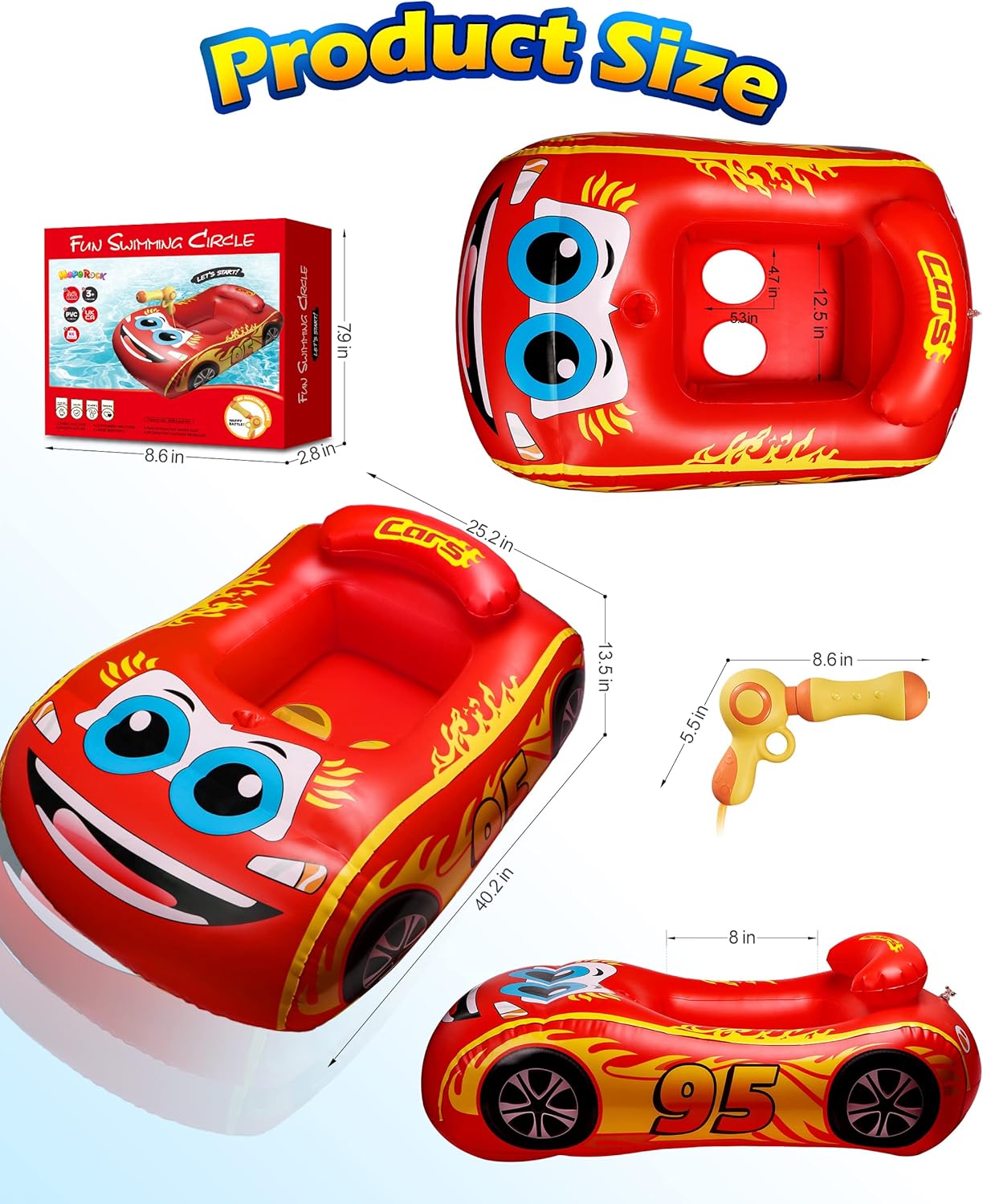Thumbnail 6 de HopeRock Kids Pool Float with Water Gun — Inflatable Car Ride-on for Ages 3–8 (Red)