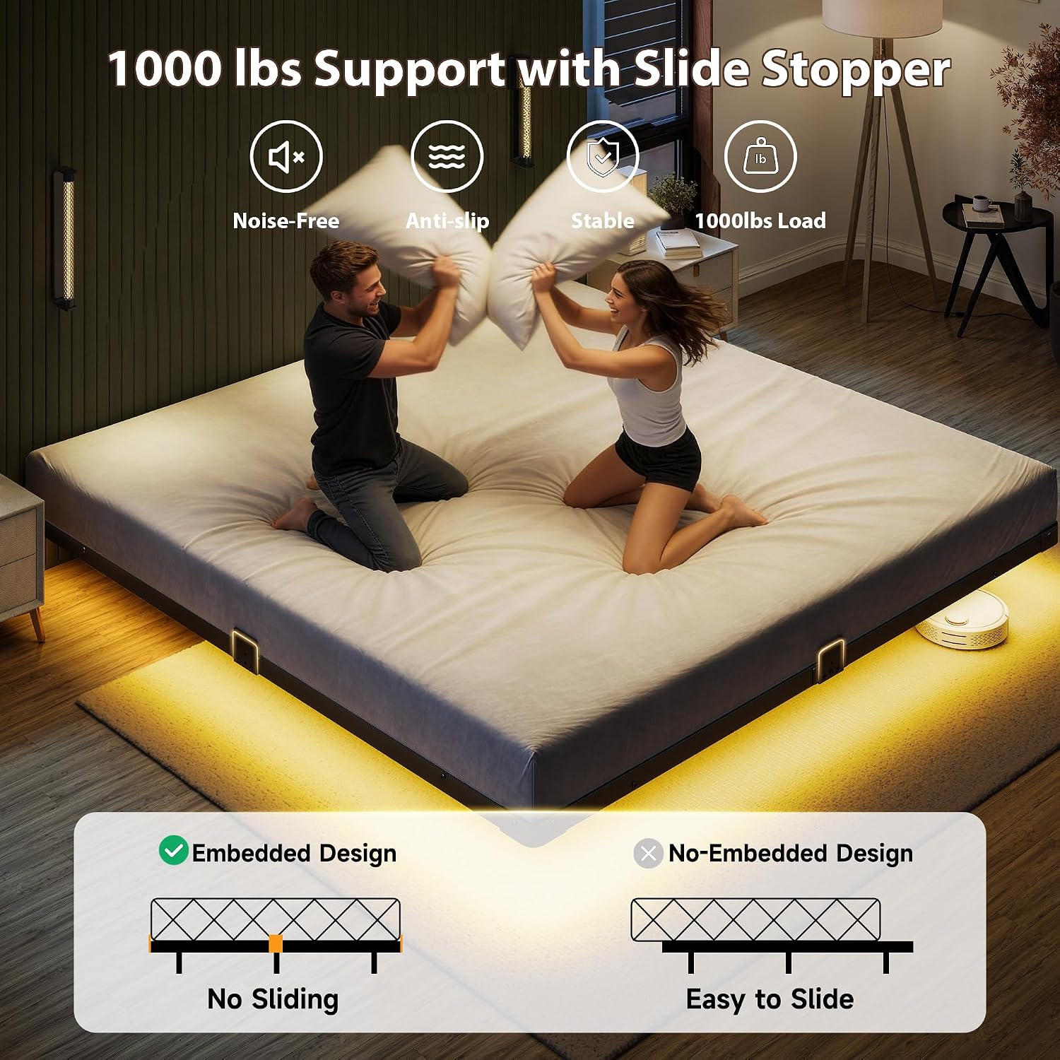 Detalle de MORICAD PX-XFC01K King Floating Bed Frame with LED Lights and Charging Station