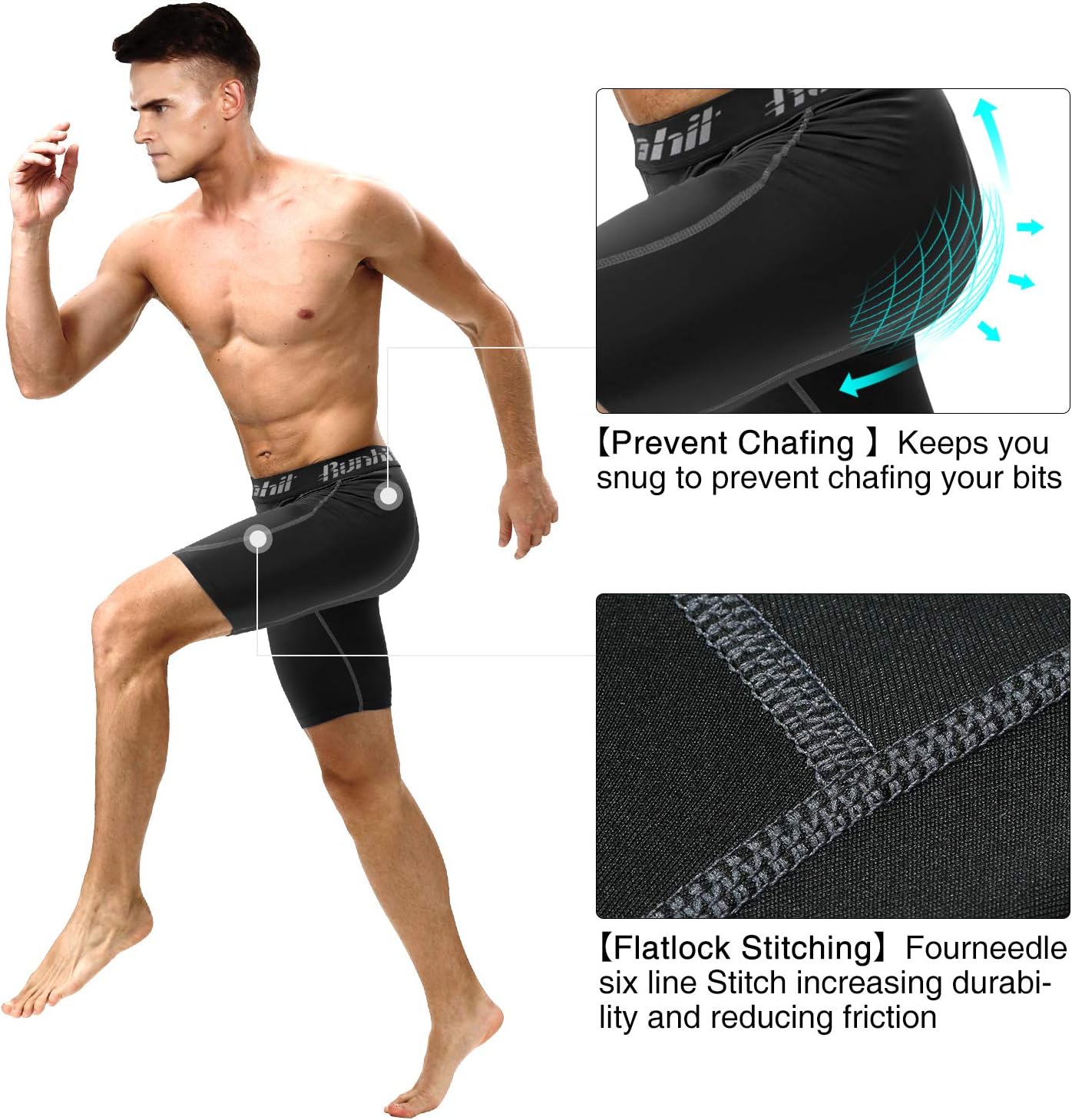 Detalle 2 de Runhit 3er Pack Herren-Kompressionsshorts – Base Layer für Sport, Lauf, Rad & Training