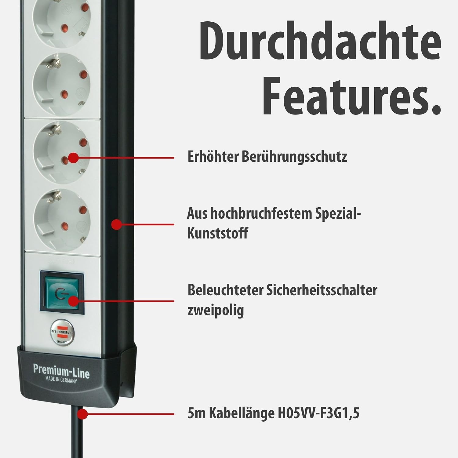 Detalle 2 de Brennenstuhl Premium-Line Steckdosenleiste 6-Fach, 5 m Kabellänge