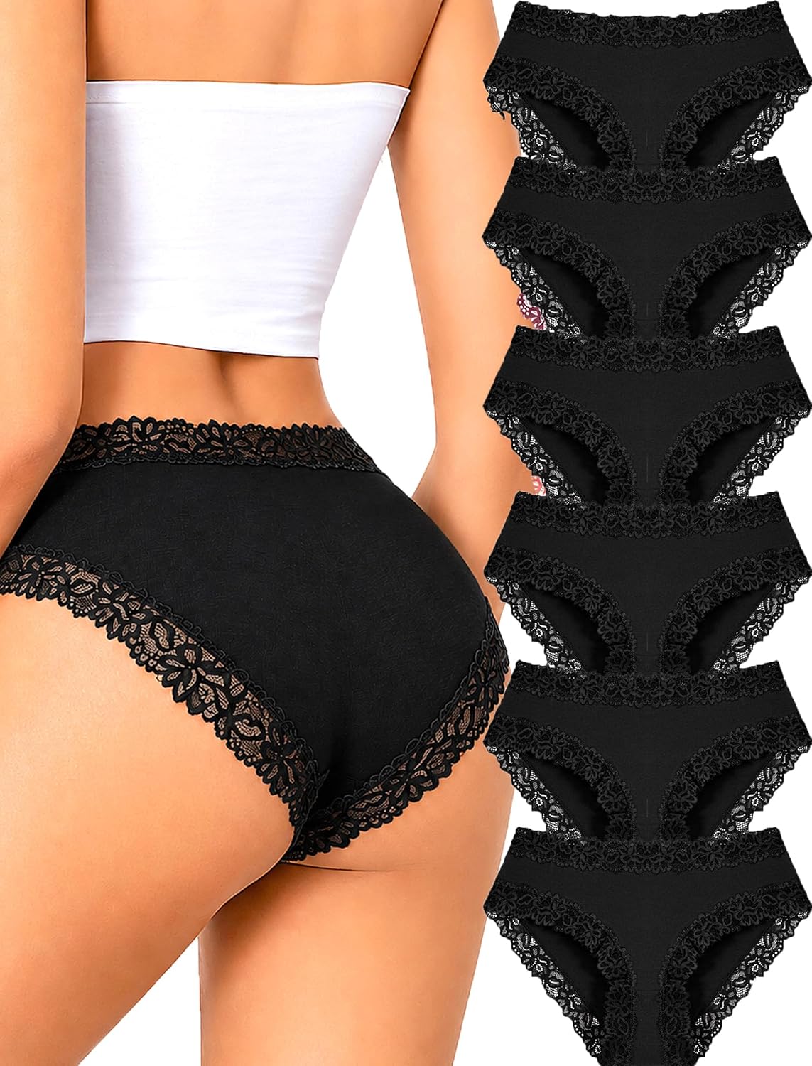 Detalle de ALL OF SHE Cotton Bikini Cheeky Underwear, Stretch Cotton Lace, 6-Pack