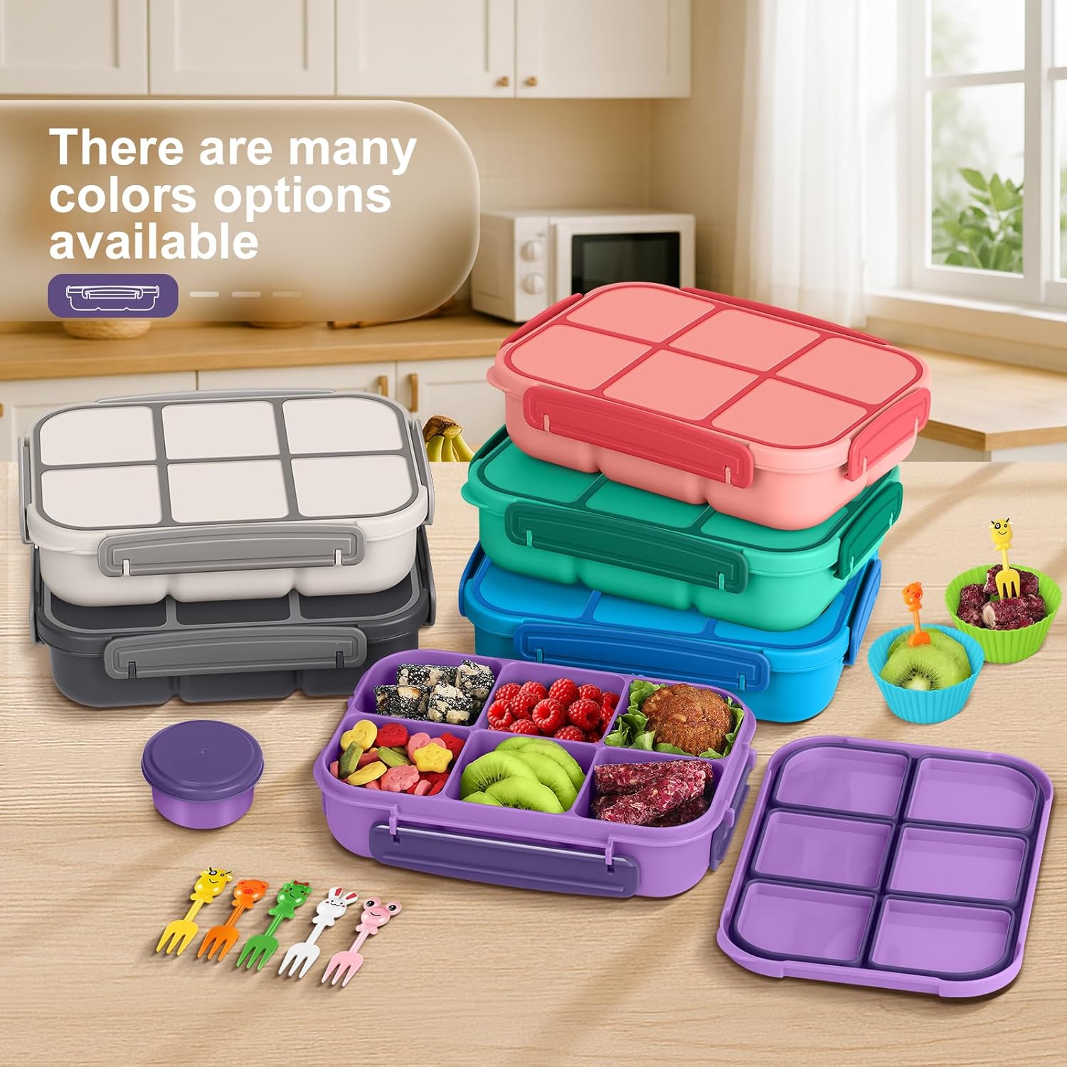 Thumbnail 6 de Amathley Bento-Box 16-in-1: 1200 ml Lunchbox Set für Kinder und Erwachsene (Lila, 6 Fächer, 10 Obstgabeln, 4 Muffinförmchen)
