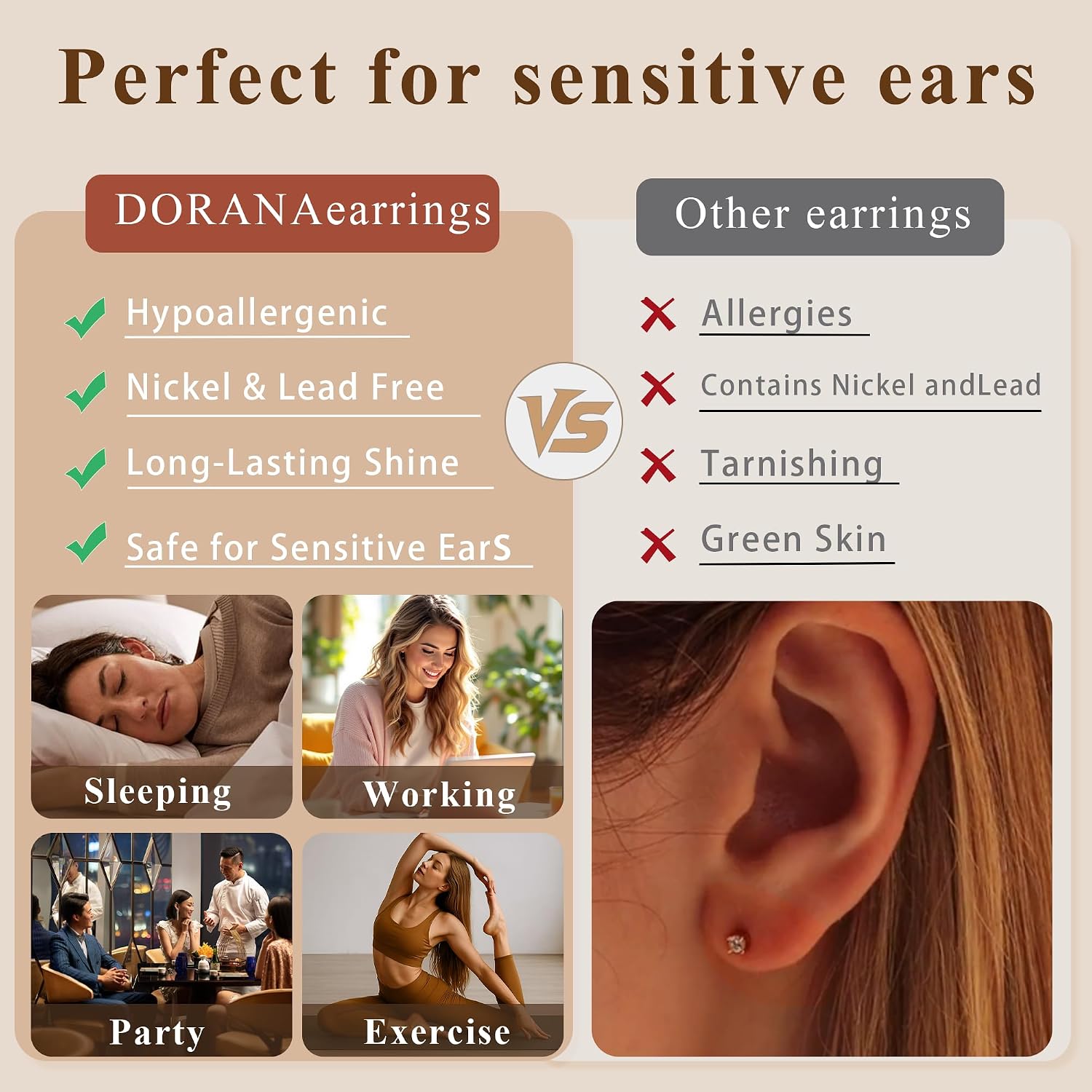 Detalle 1 de DORANA 3-Pair Sterling Silver Huggie Hoop Earrings with Cubic Zirconia