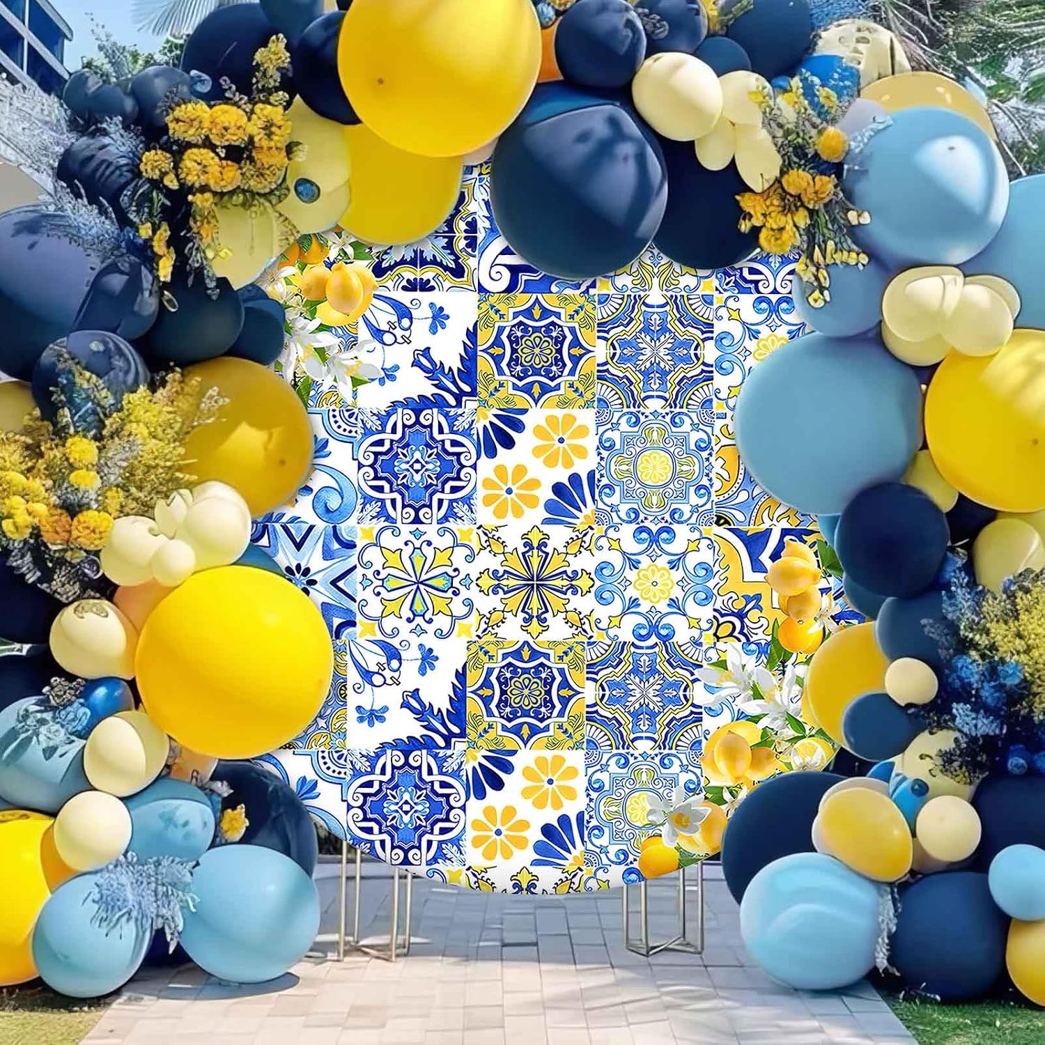 Thumbnail 4 de MEHOFOND 2m Round Backdrop — Yellow Lemon and Blue Tiles