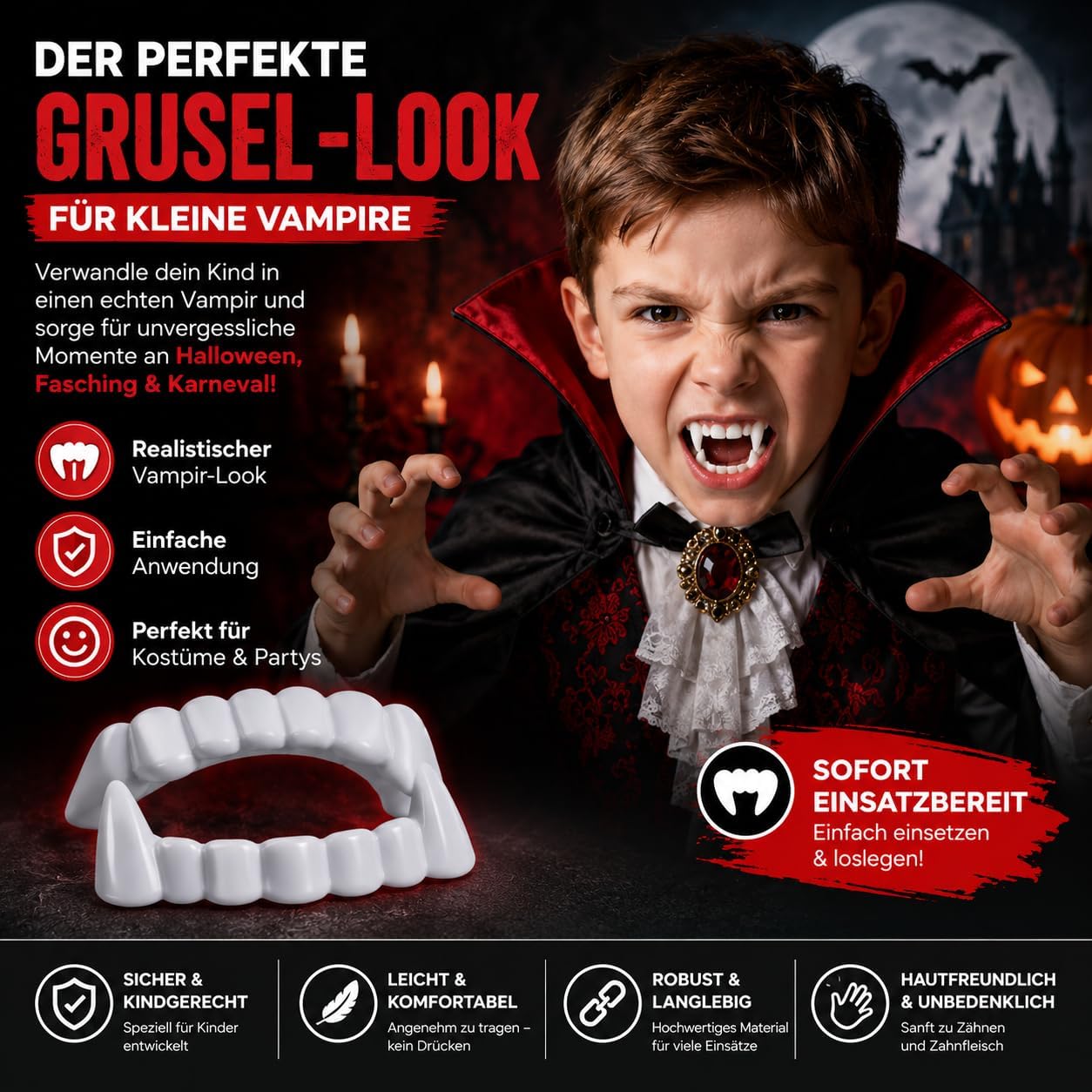 Detalle 2 de Costumed Store CO-001 vampyrtänder för barn med tydliga huggtänder