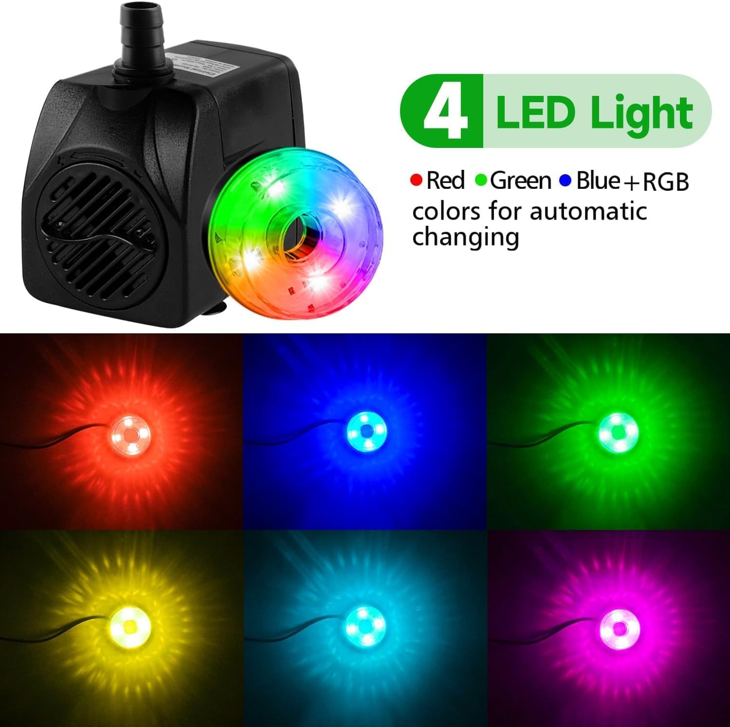 Detalle de NATPOW Submersible Water Pump — 800L/H with RGB LED Lights, 4 Nozzles and 3m Cable