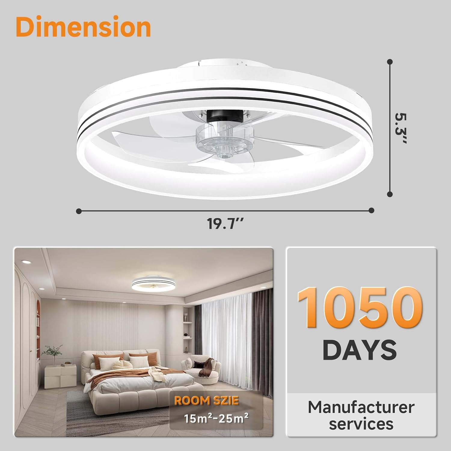 Detalle 2 de VOLISUN 21275ZM 19.7-inch Flush-Mount Ceiling Fan with Dimmable LED Light