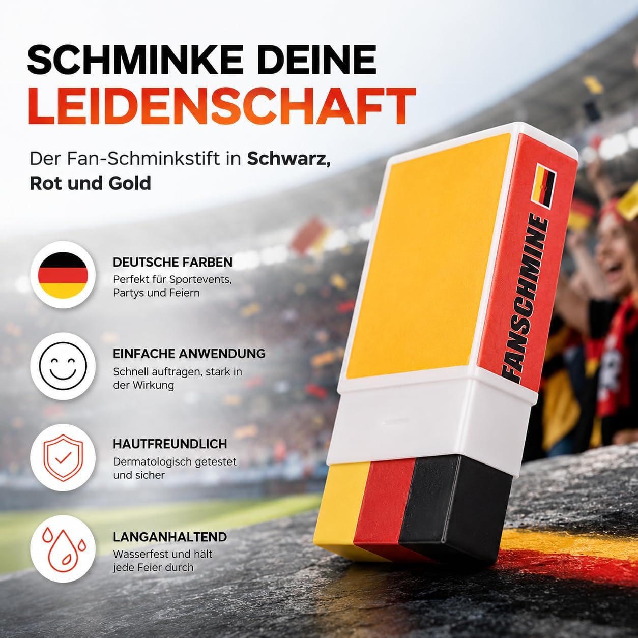 Detalle de TK Gruppe Timo Klingler Schminkstift – Deutschlandfarben Rot, Schwarz, Gelb für WM 2026