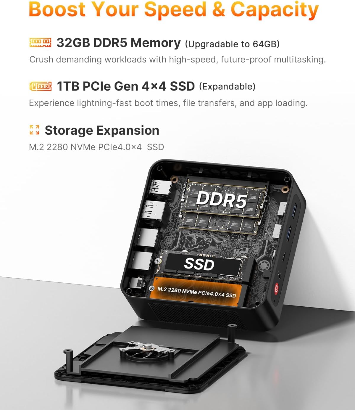 Detalle de BOSGAME P3 Mini Gaming PC with Ryzen 7 7840HS — Compact Power for 3x4K Displays and Multitasking