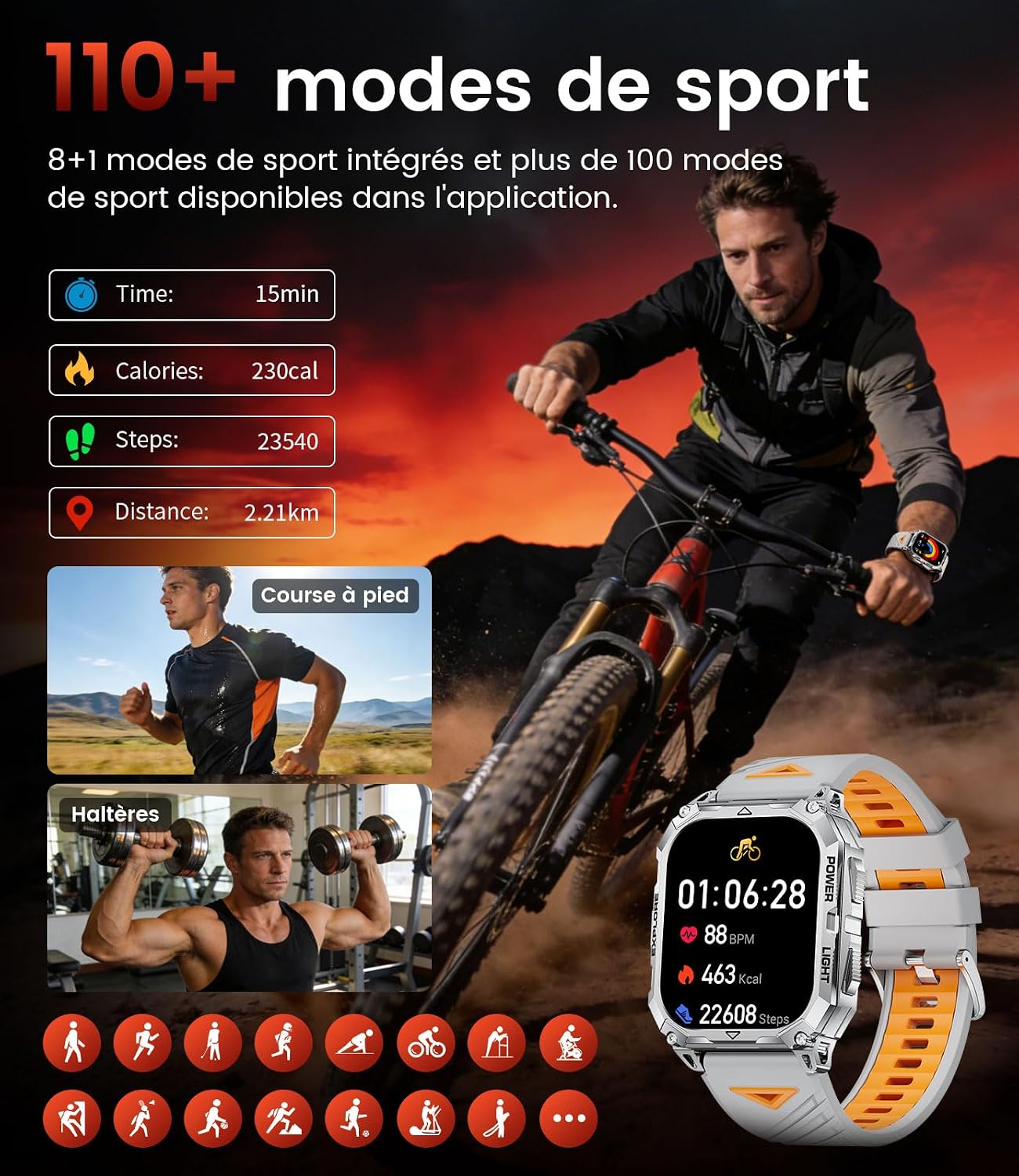 Detalle de Montre connectée homme militaire 2,01" HD avec Bluetooth, fréquence cardiaque et IP68 (argent)