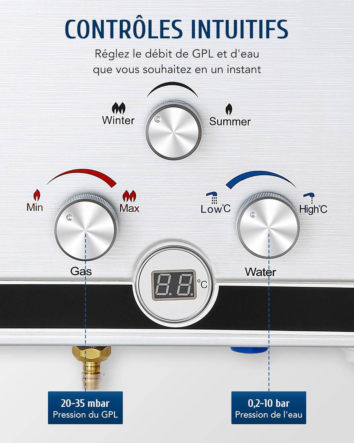 Detalle de CO-Z Chauffe-eau à gaz instantané 30,6 kW GPL – débit 18 L/min, portable pour extérieur