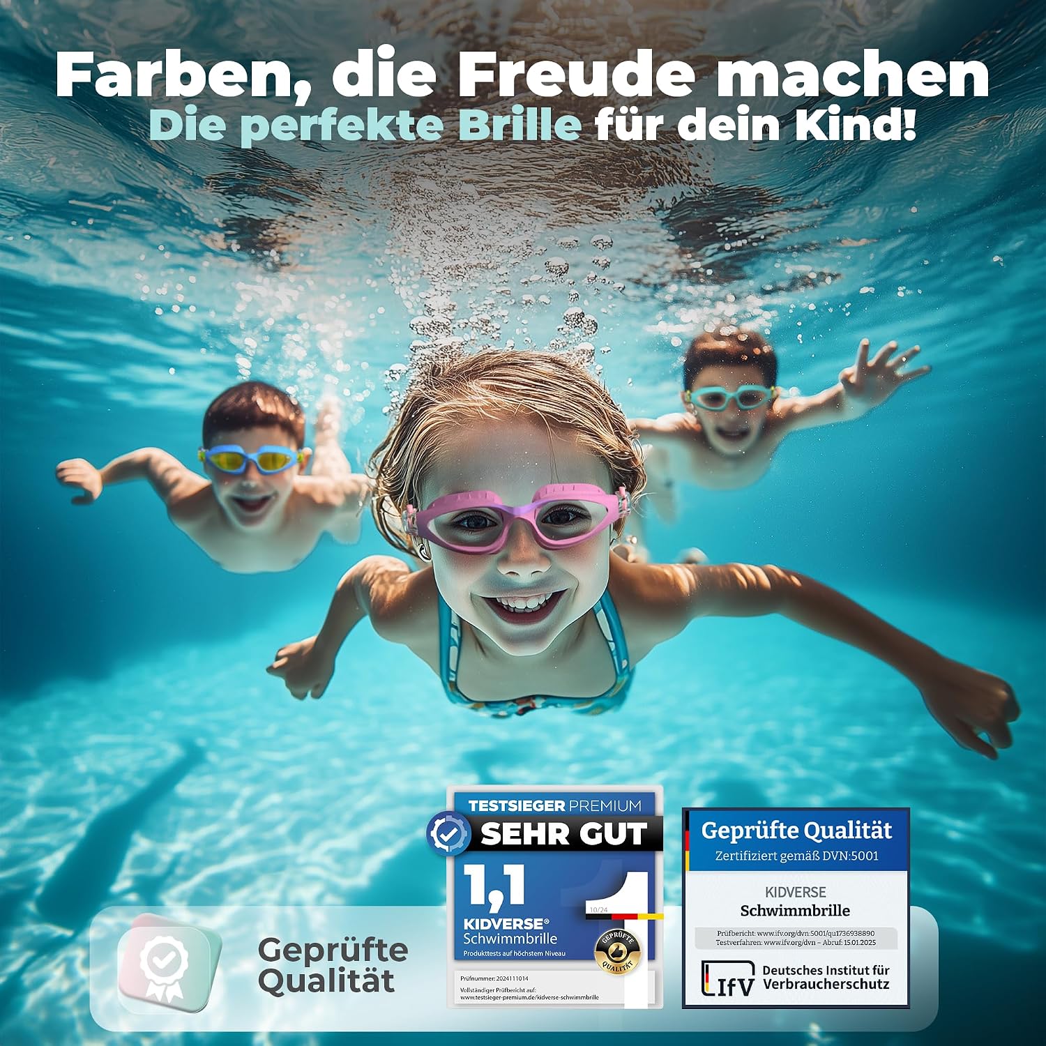 Detalle de KIDVERSE Schwimmbrille Kinder – Bequeme Taucherbrille für 3–13 Jahre mit UV-Schutz, Anti-Beschlag und passgenauer Dichtung