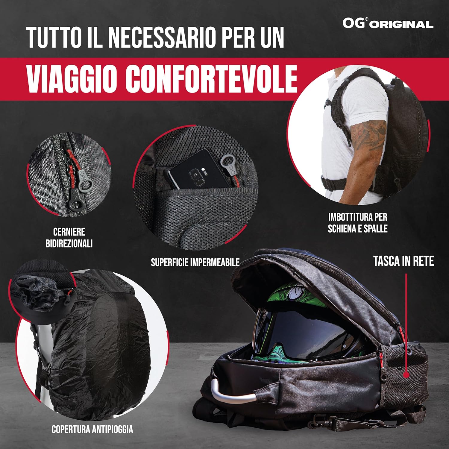 Detalle de OG Original GetAway Zaino moto impermeabile 35–45 L, grande capacità espandibile e casco portatile