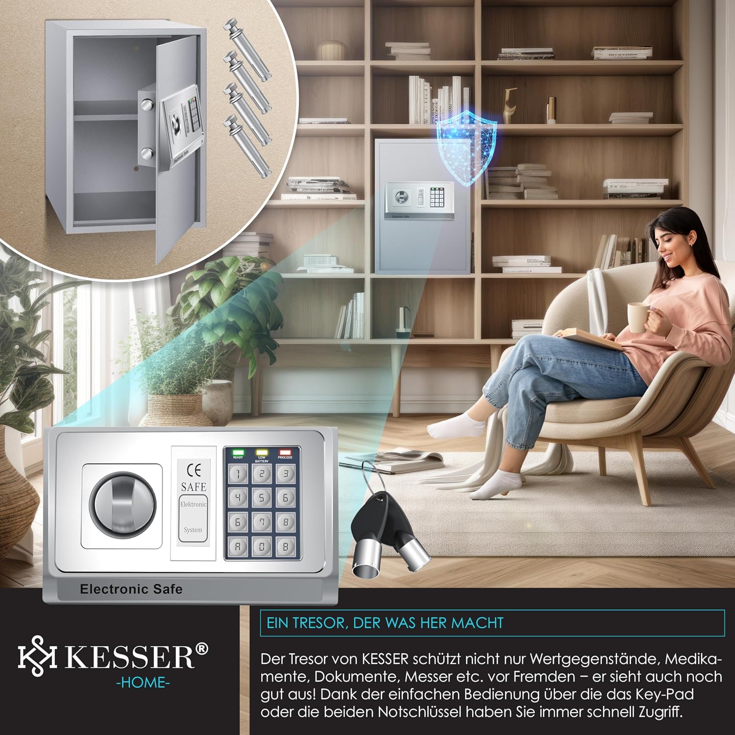 Detalle de KESSER Elektrischer Tresor 50x35x34,5 cm – LED-Anzeige, Doppelbolzenverriegelung, Wand- oder Möbeltresor