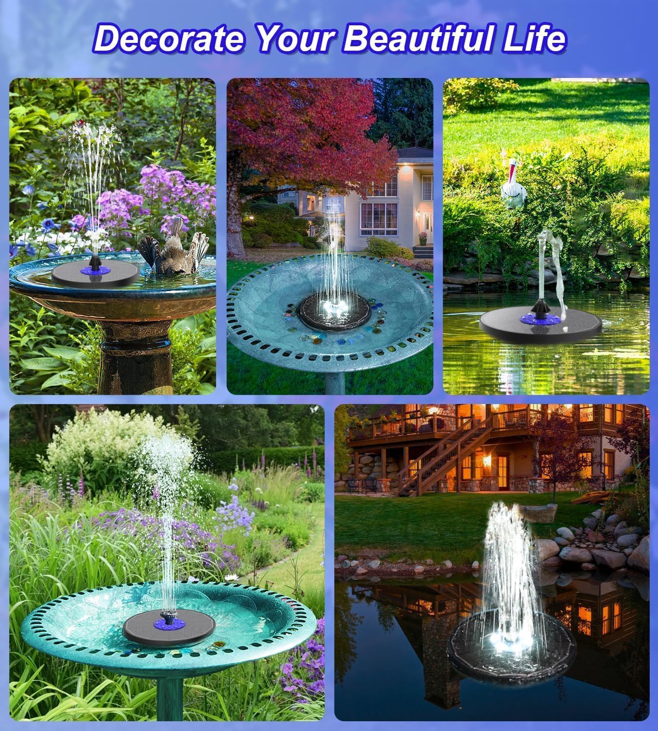 Thumbnail 5 de Fontana solare SZMP con pompa da 3,5W, batteria 2200mAh, 6 LED e 7 ugelli per bagno uccelli, laghetto e piscina