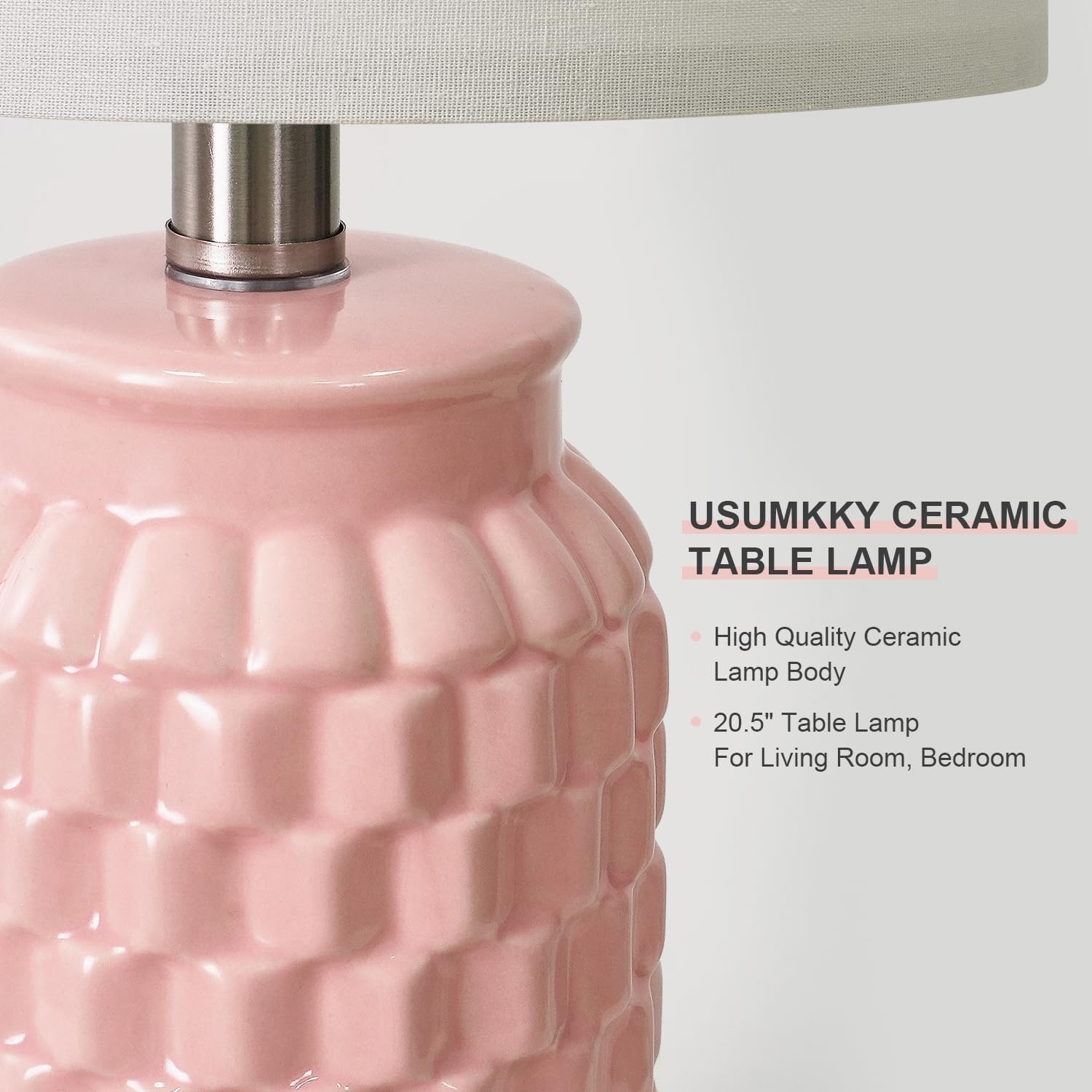 Detalle 2 de USumkky 1092 Pink Ceramic Table Lamps, Set of 2, 20.5-Inch with Linen Shades