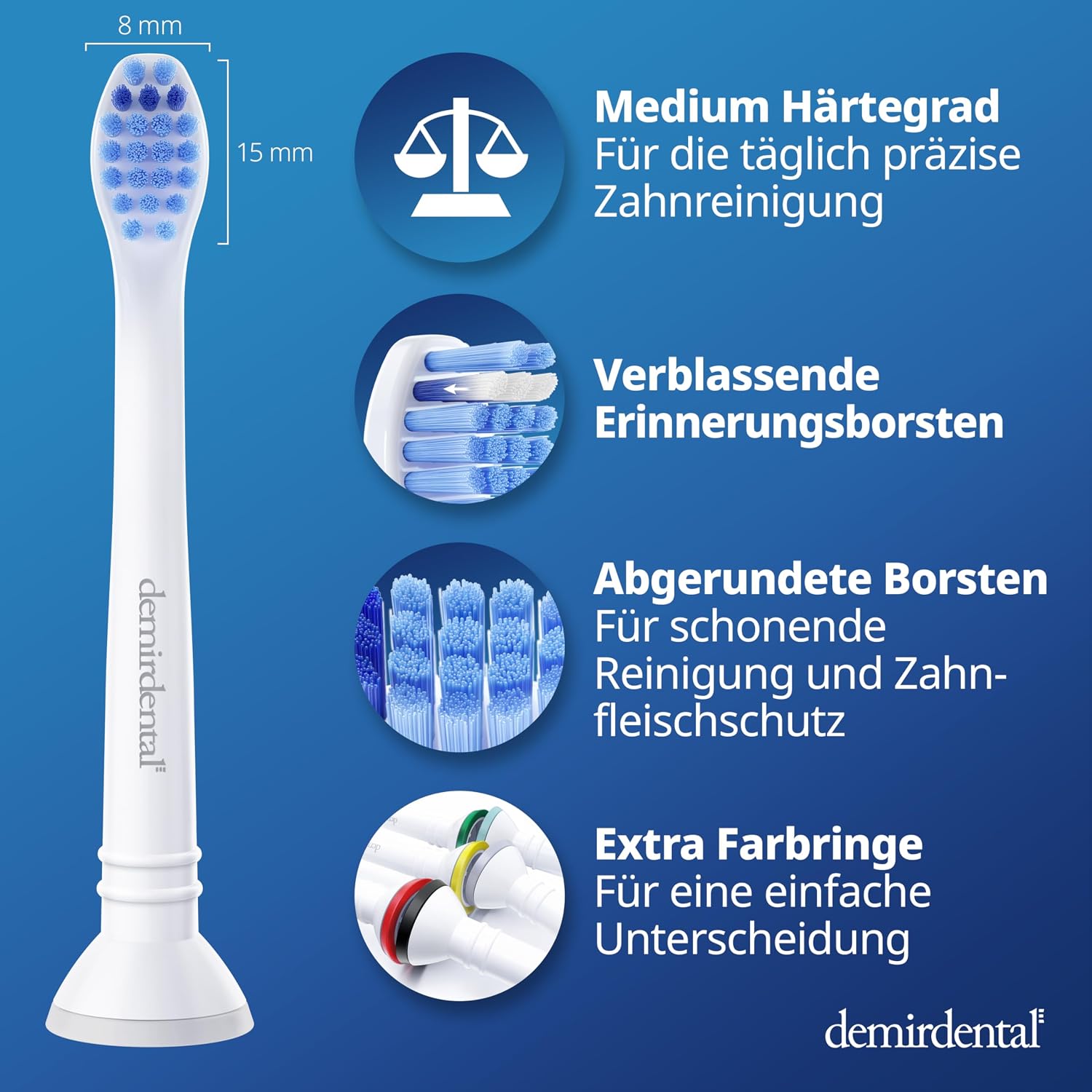 Detalle de 8er demirdental Mini Aufsätze für Philips Sonicare – Medium, kleine Bürstenköpfe, Weiß (HX6028)