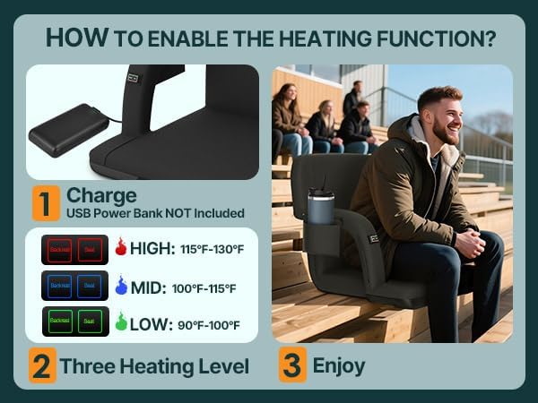 Thumbnail 6 de HOPERAN 1409-BK-21in-1pc Heated Stadium Seat with Dual-Zone Heat & Recline