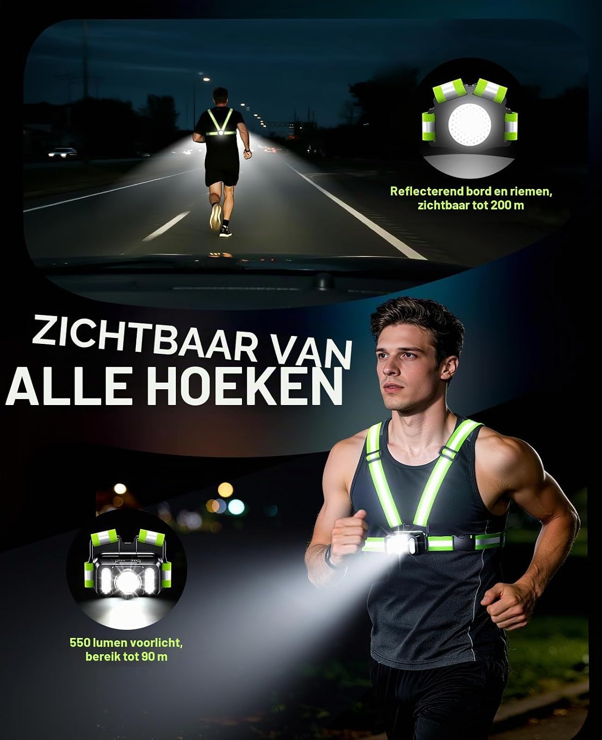 Detalle de Mohard SJB81 hardloopvest met lamp, 550 lumen, 7 standen en IPX4