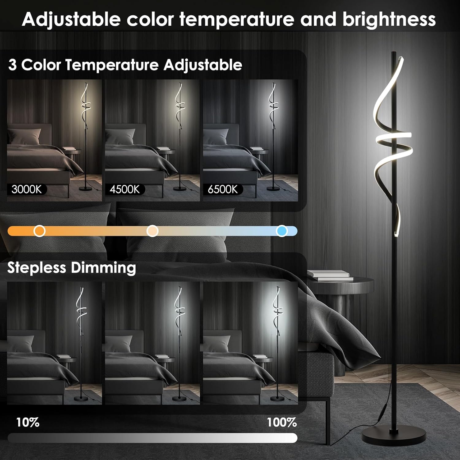 Detalle 2 de POWROL Spiral LED Floor Lamp (Dimmable) with Remote & Foot Control, 3 Colour Temperatures, 48W, Black