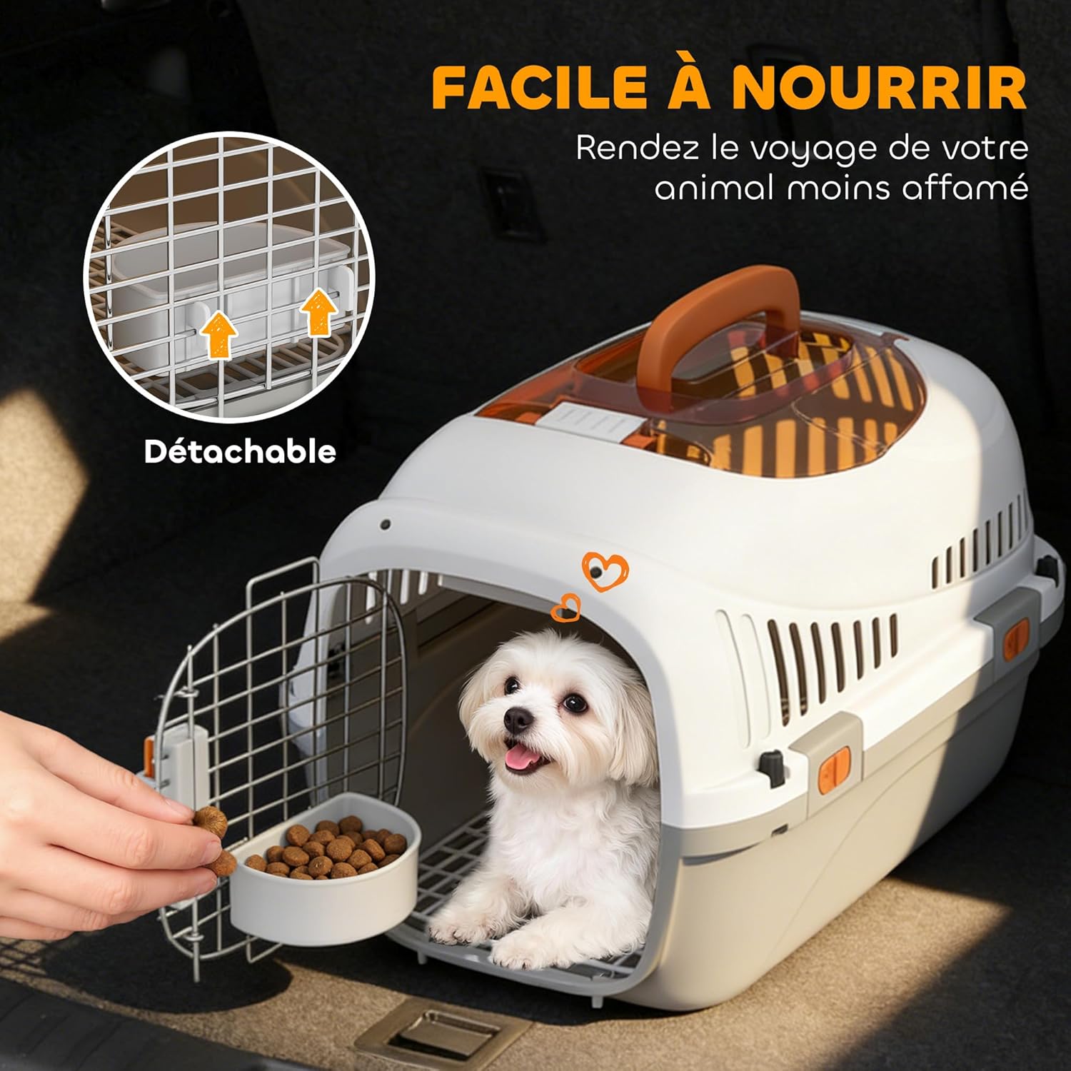 Thumbnail 5 de PawHut Caisse de Transport pour Chat et Chien jusqu’à 4 kg – 49 x 32 x 31 cm, porte acier, bol suspendu et lavage facile