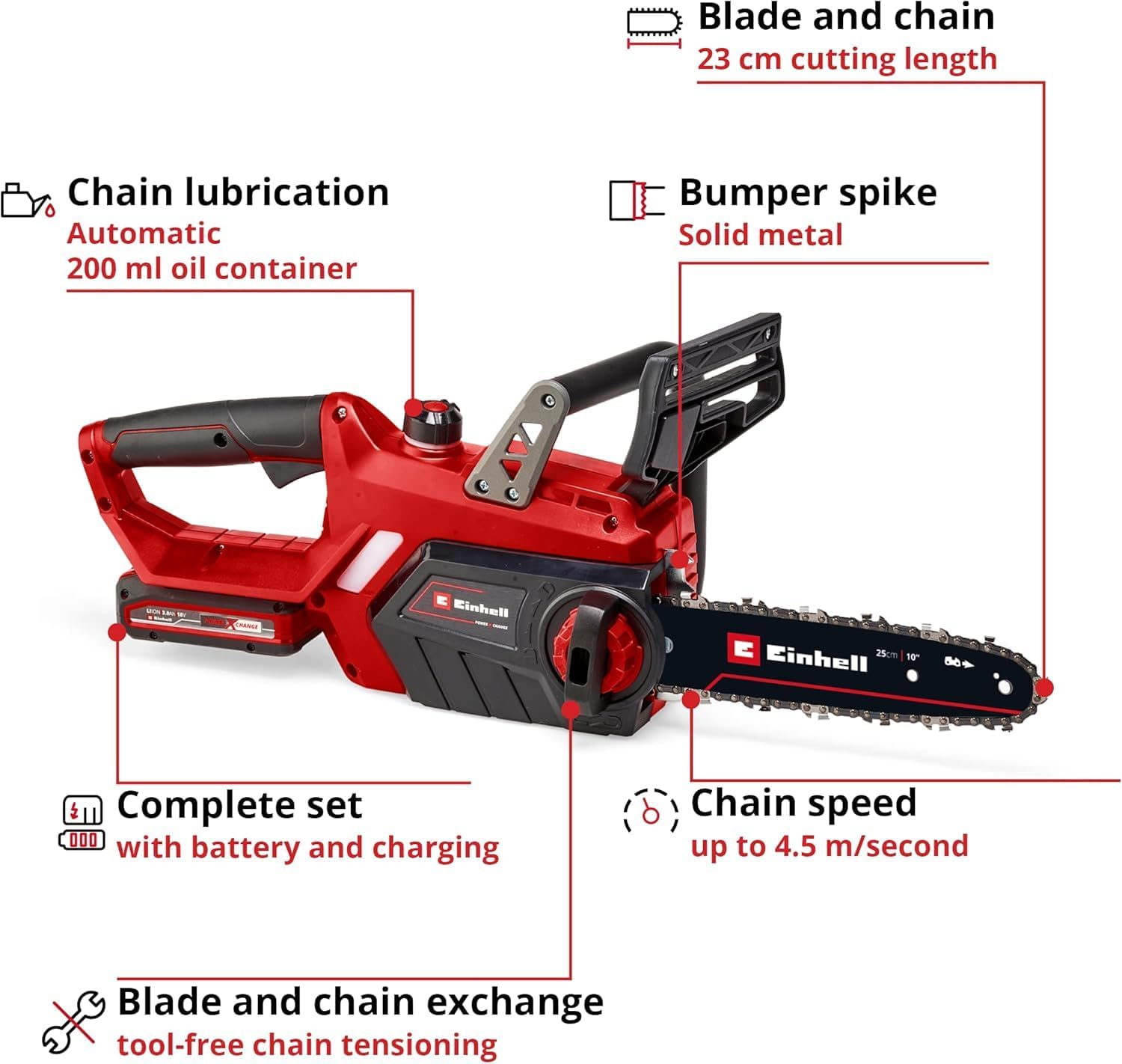 Thumbnail 2 de Einhell GE-LC 18/25-1 Li Kit 18V cordless chainsaw (10 inch) with battery and charger, Oregon bar & chain