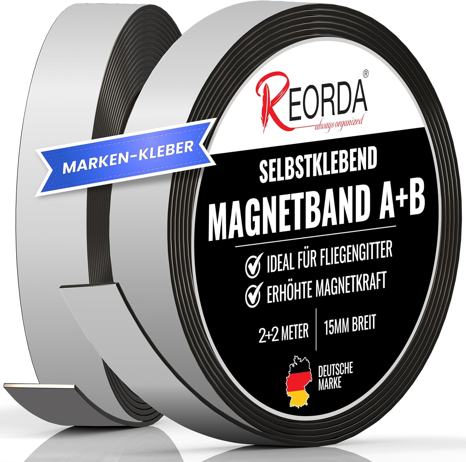 REORDA Magnetband A B (EXTRA STARKER MARKEN-KLEBER) 2 Meter – Selbstklebendes Magnetband für Fliegengitter & Moskitonetze