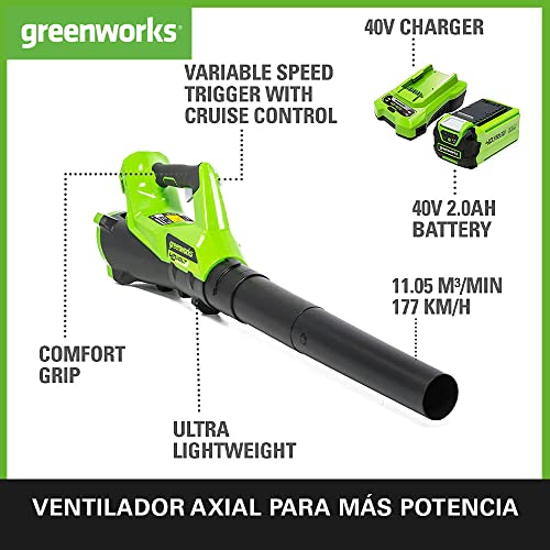 Detalle 2 de Greenworks G40ABK2 Soplador a batería 40V 11,05 m³/min 🍃