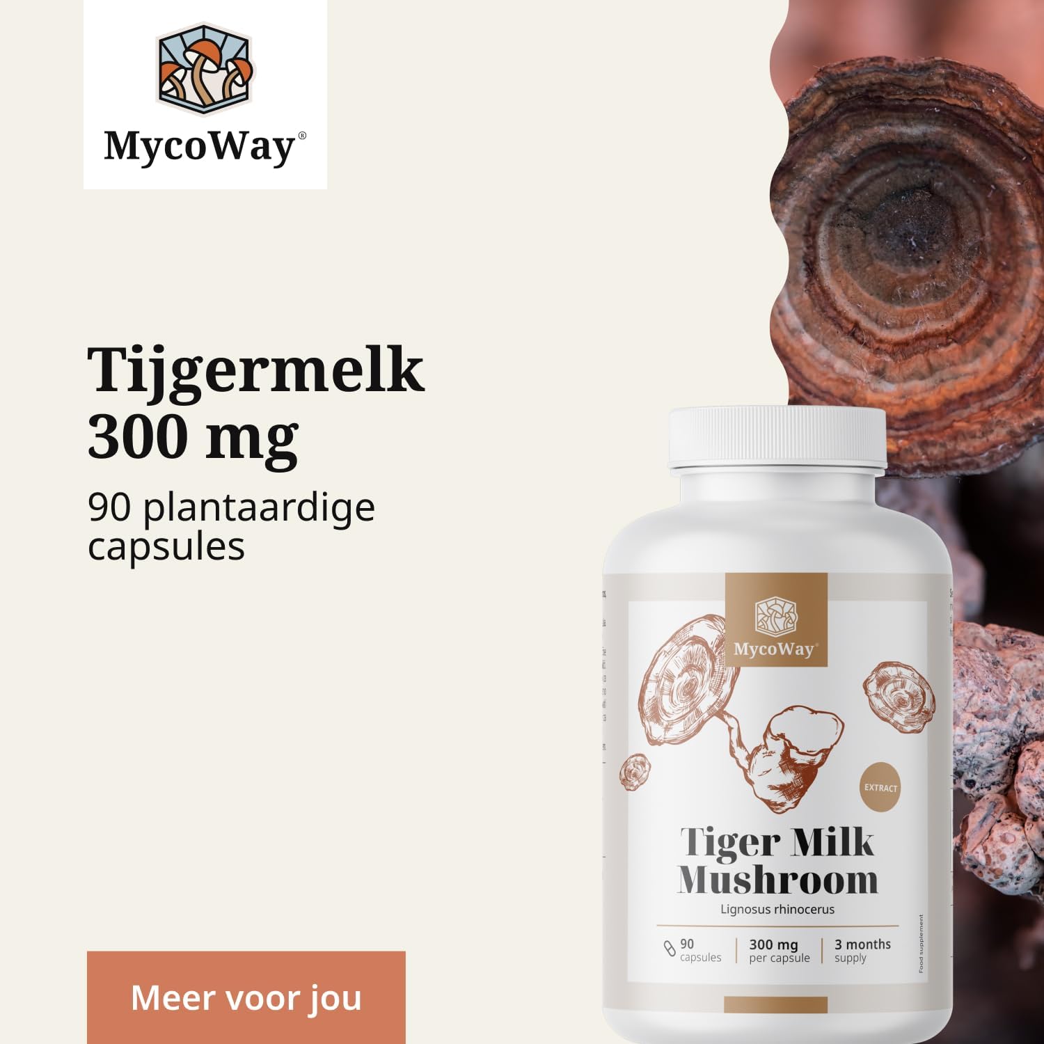 Detalle de MycoWay Tijgermelk Paddenstoel 300 mg capsules met bètaglucaan, 90 stuks