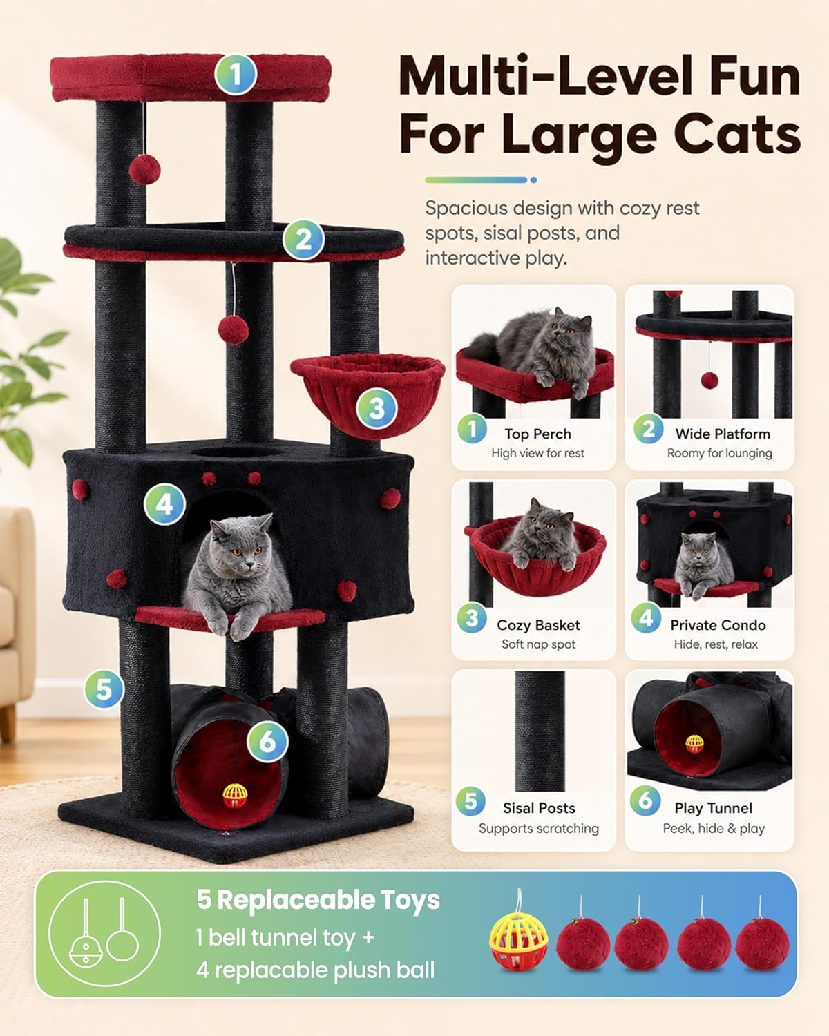 Thumbnail 6 de Cat Tree Tower for Large Cats Adult - 60 Inch XXL Heavy Duty, Extra Wide Scratching Posts, Condo & Hammock Perch