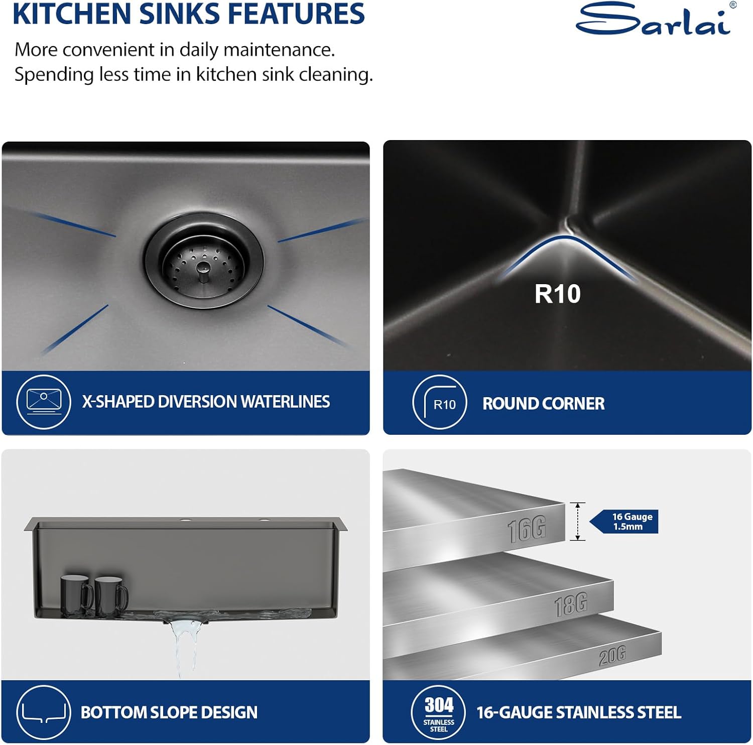 Thumbnail 5 de Sarlai 33 Black Kitchen Sink with Faucet – 33x22 Inch Drop-In, Gunmetal Black, 16-Gauge Stainless Steel, Workstation with Pull-Out Faucet