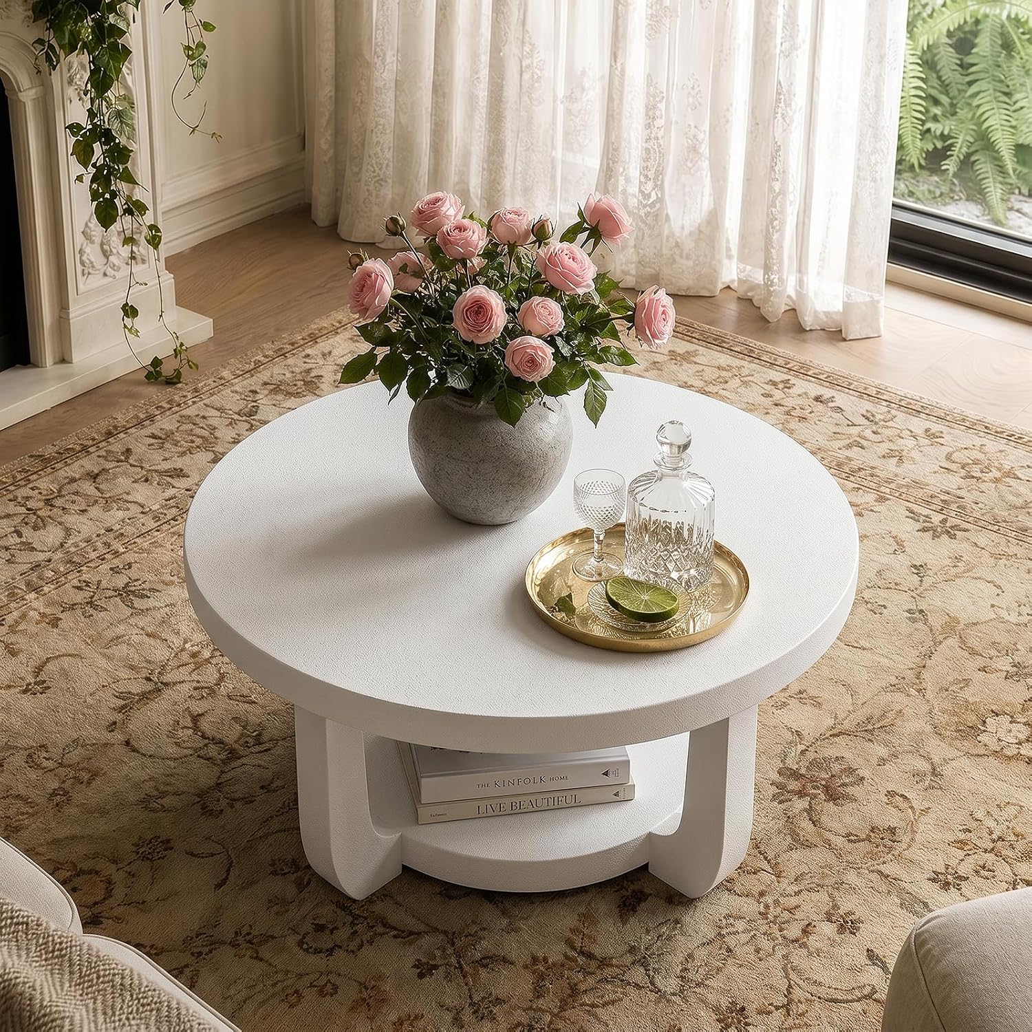 Detalle de BEROXII Round Coffee Table, 2-Tier White Table with Storage