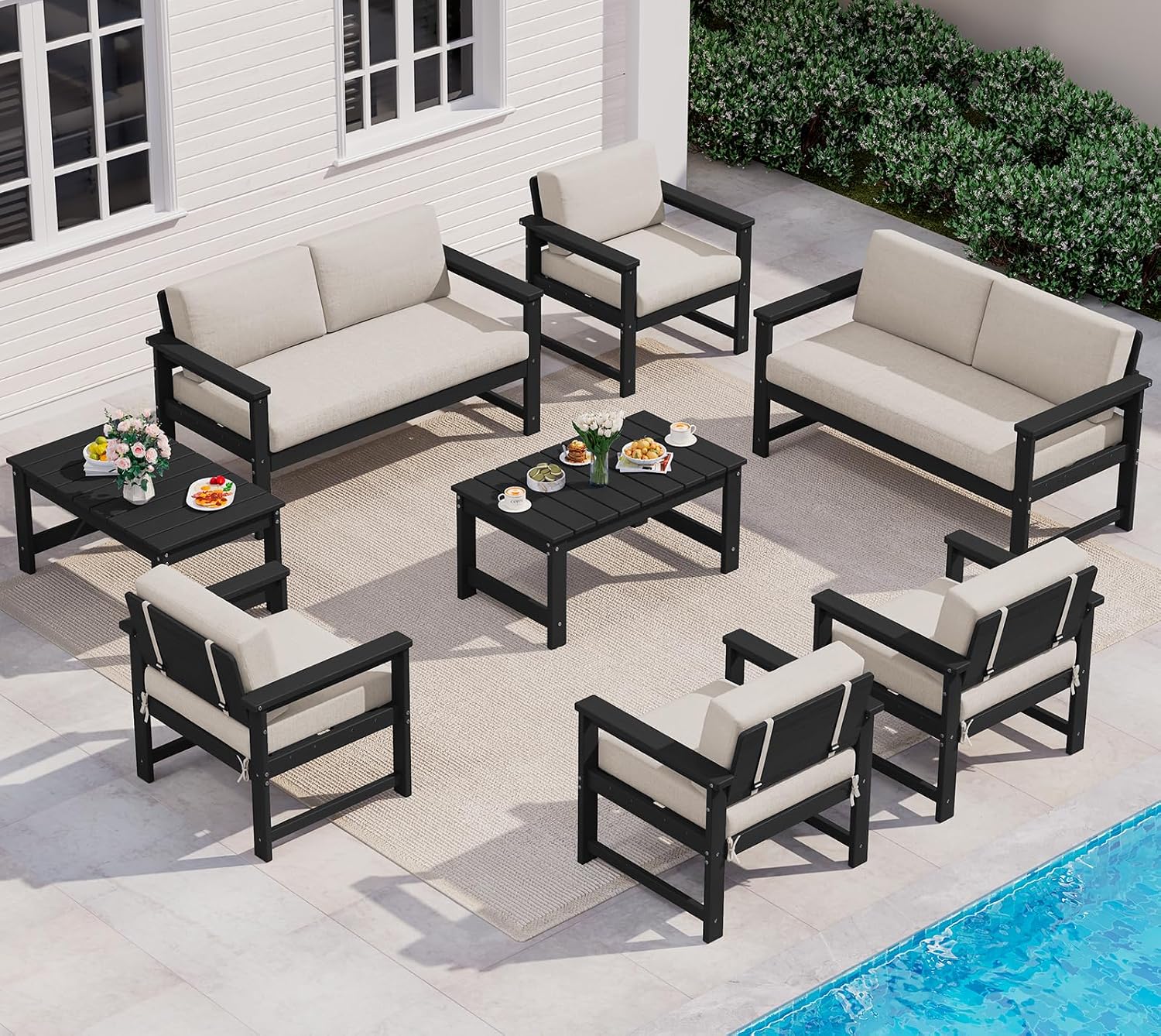 Detalle de SERWALL A111-046 8-Piece HDPE Outdoor Sofa Set with Khaki Cushions