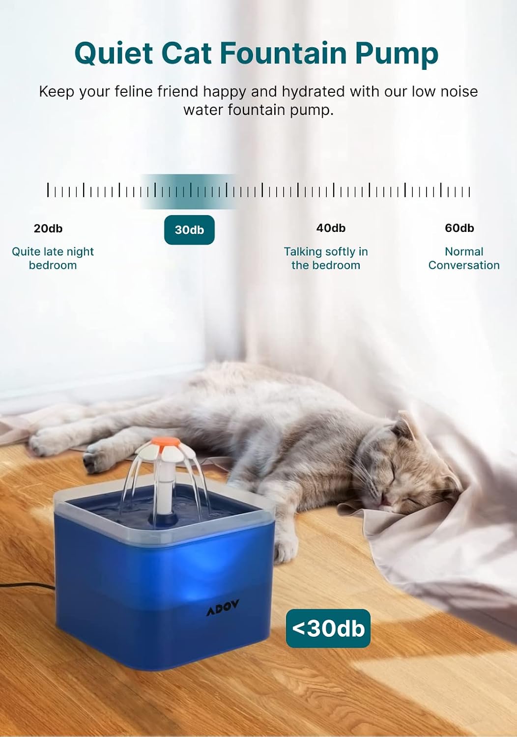 Detalle de ADOV Cat Water Fountain 2L – Quiet, Hygienic Drinking Water for Cats, Kittens & Small Dogs
