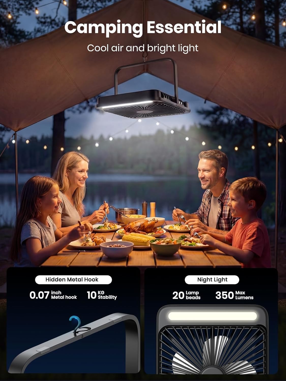 Thumbnail 1 de Warmco 20,000mAh Battery Powered Fan (27cm) with LED Lantern, ultra-slim portable camping fan