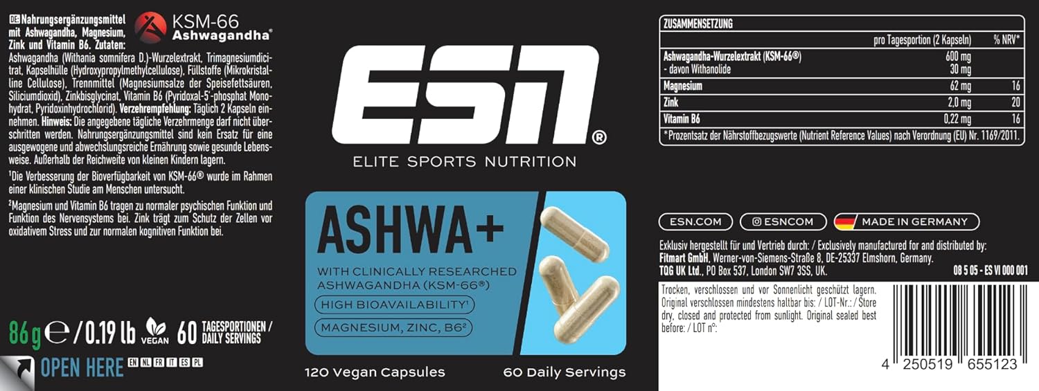 Detalle 2 de ESN Ashwa+ Ashwagandha Kapseln 120 Stück