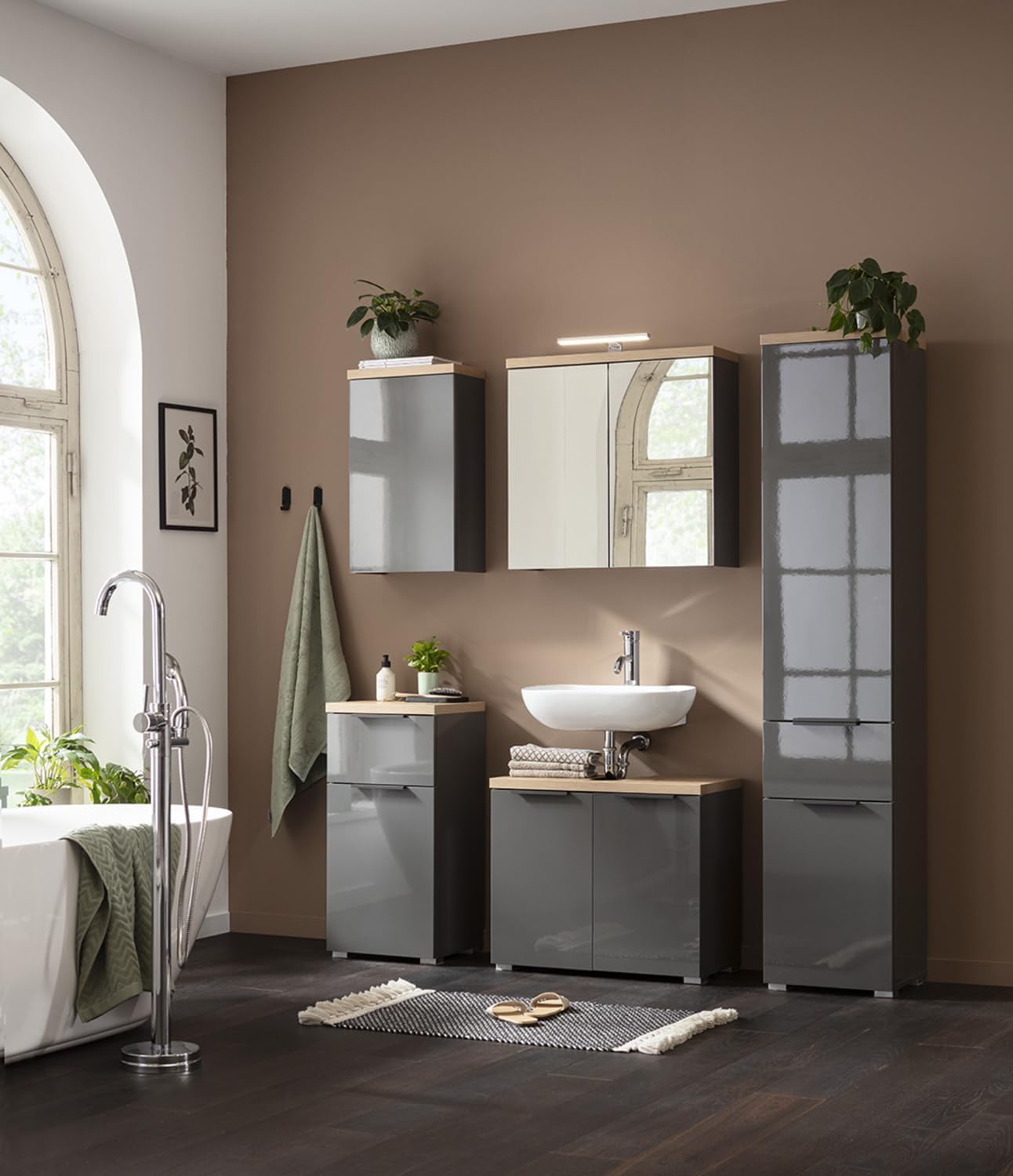 Thumbnail 1 de Composad Mobiletto Bagno della Linea MUNDI con Anta e Cassetto – Grigio Titanio e Rovere Mielato, 39,6 × 82,4 × 35 cm