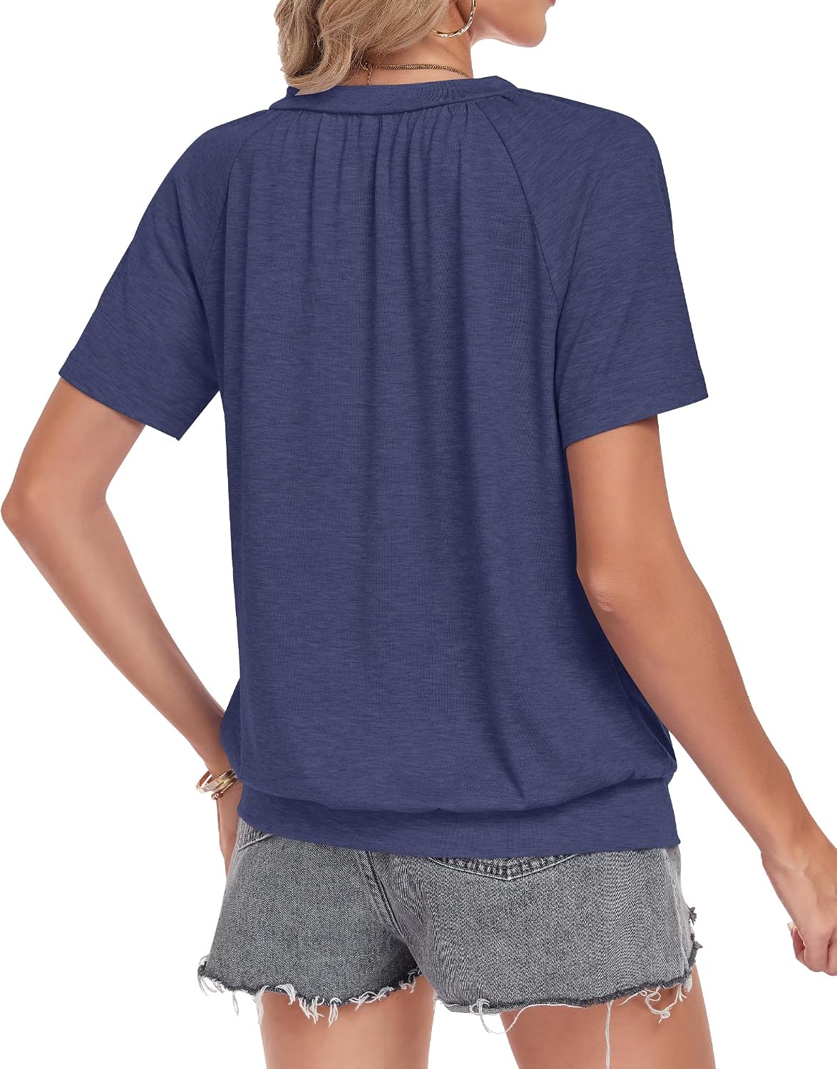 Detalle de WNEEDU Damen Basic T-Shirt mit V-Ausschnitt – Sommeroberteil mit plissiertem Frontmieder